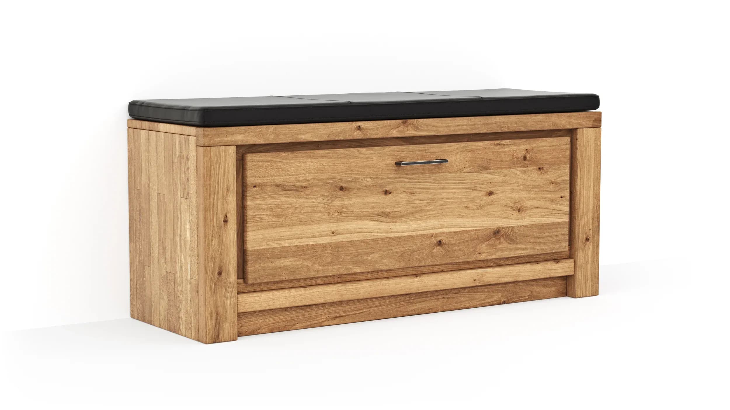 Schuhschrank Farmingdale - Eiche massiv, natur geölt mit Sitzkissen schwarz