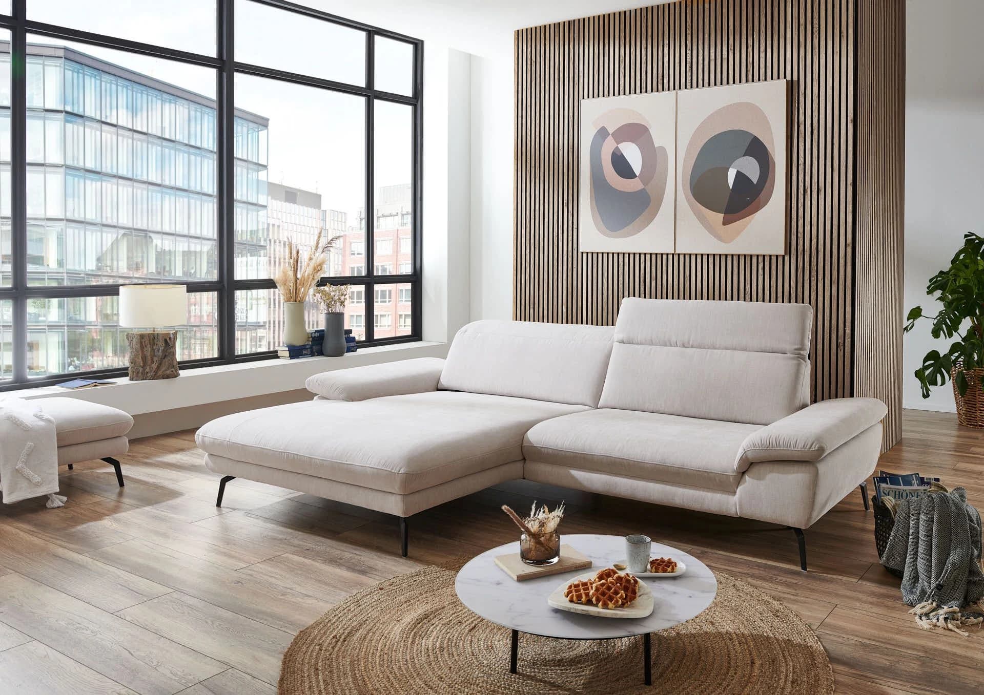  Ecksofa - Longchair links mit 1,5-Sitzer, Kopfteil verstellbar, Stoff, Ecru