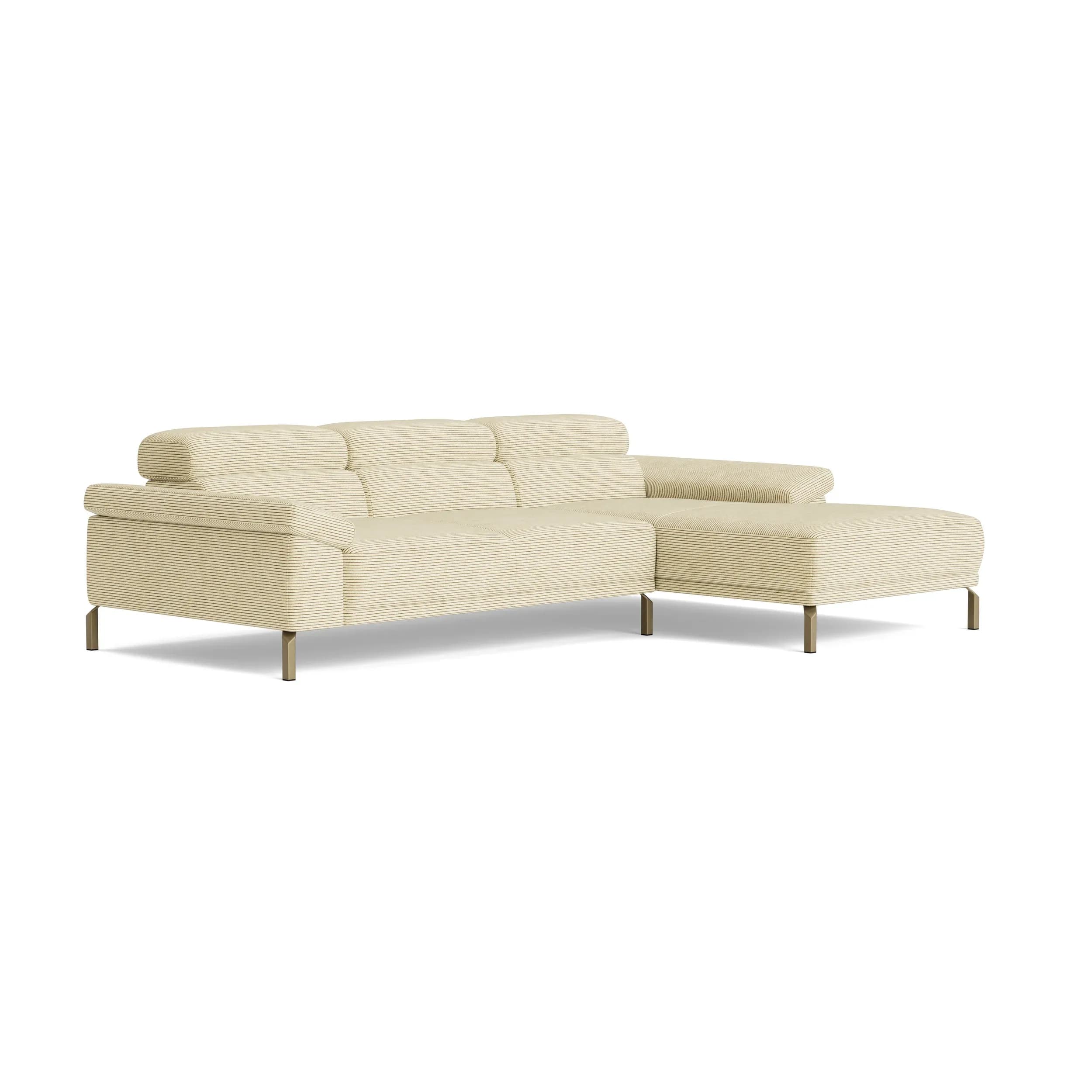 Ecksofa Bolonia - 2-Sitzer mit Longchair rechts inkl. Rückenlehne- und Kopfteilverstellung, Stoff, Cappuccino
