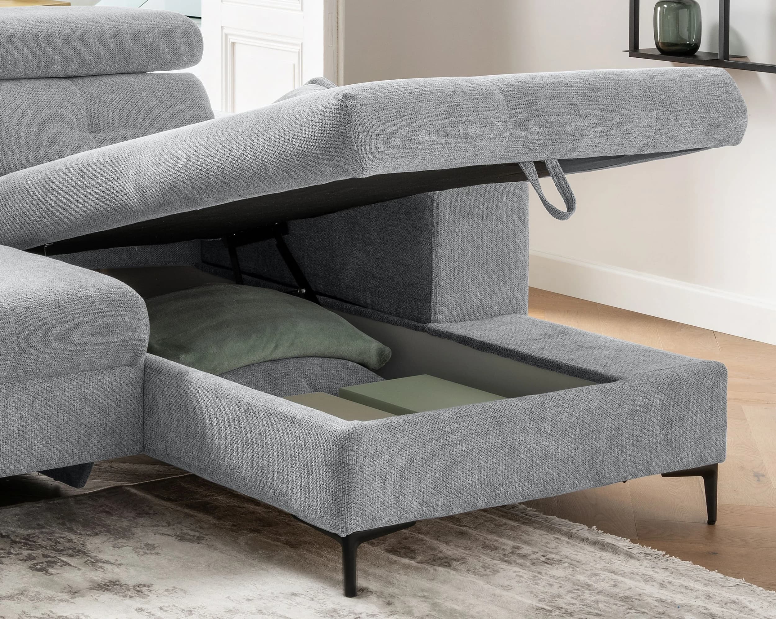Ecksofa - Longchair links mit 2-Sitzer, Sitzvorzug motorisch, Stoff, Mint