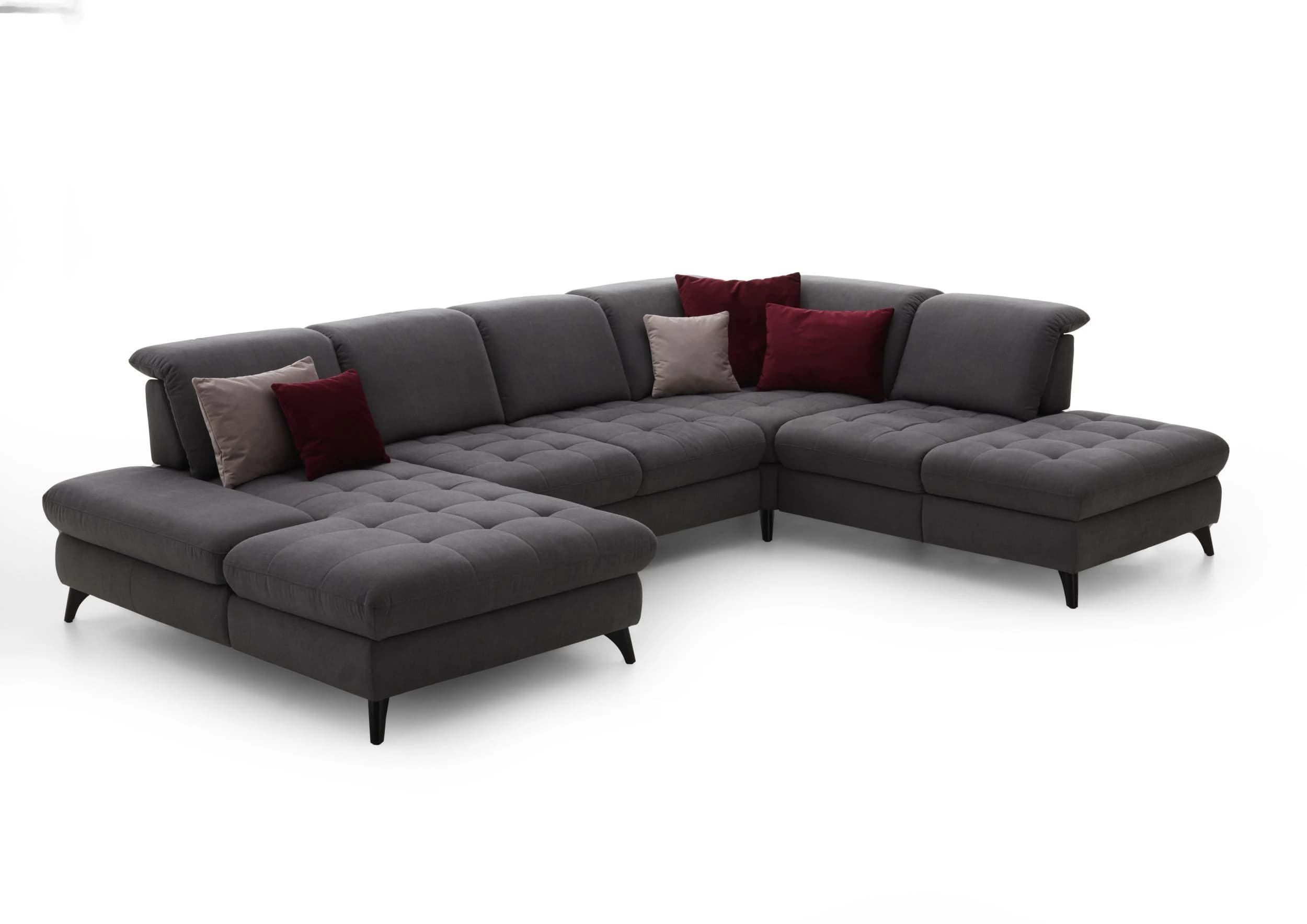 Wohnlandschaft - Longchair mit 2-Sitzer und Abschlusselement rechts, inkl. Schwenkrücken, Stoff, Grau
