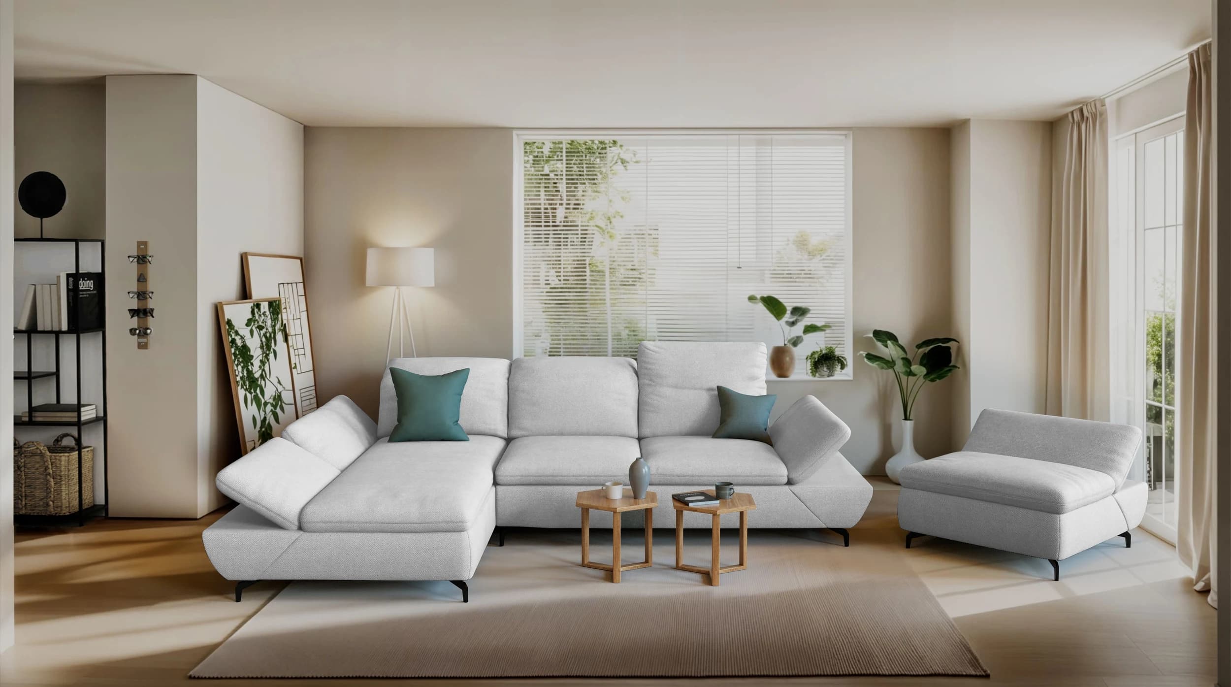 Ecksofa - Longchair links und 2-Sitzer, Sitztiefe verstellbar, Stoff, Hellgrau