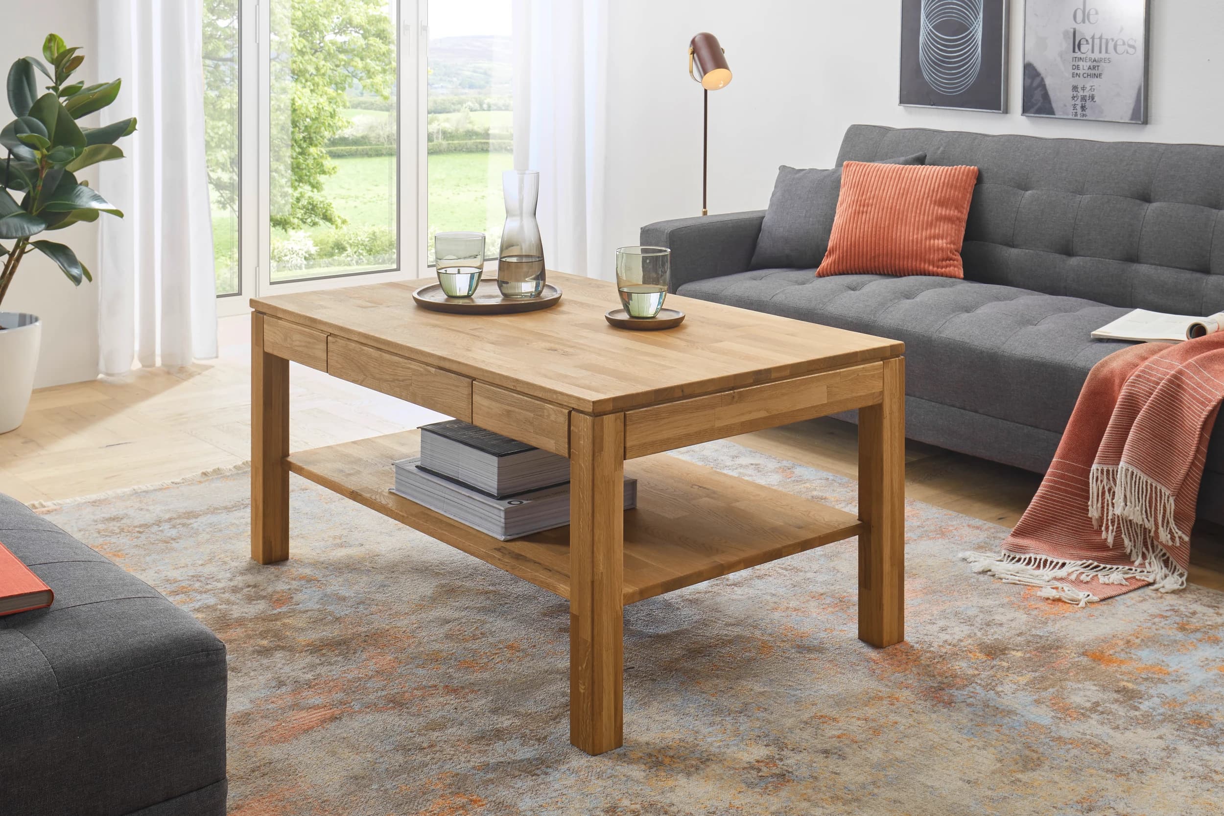Couchtisch - mit Schubkasten, LBH ca. 115x70x54 cm, Asteiche massiv