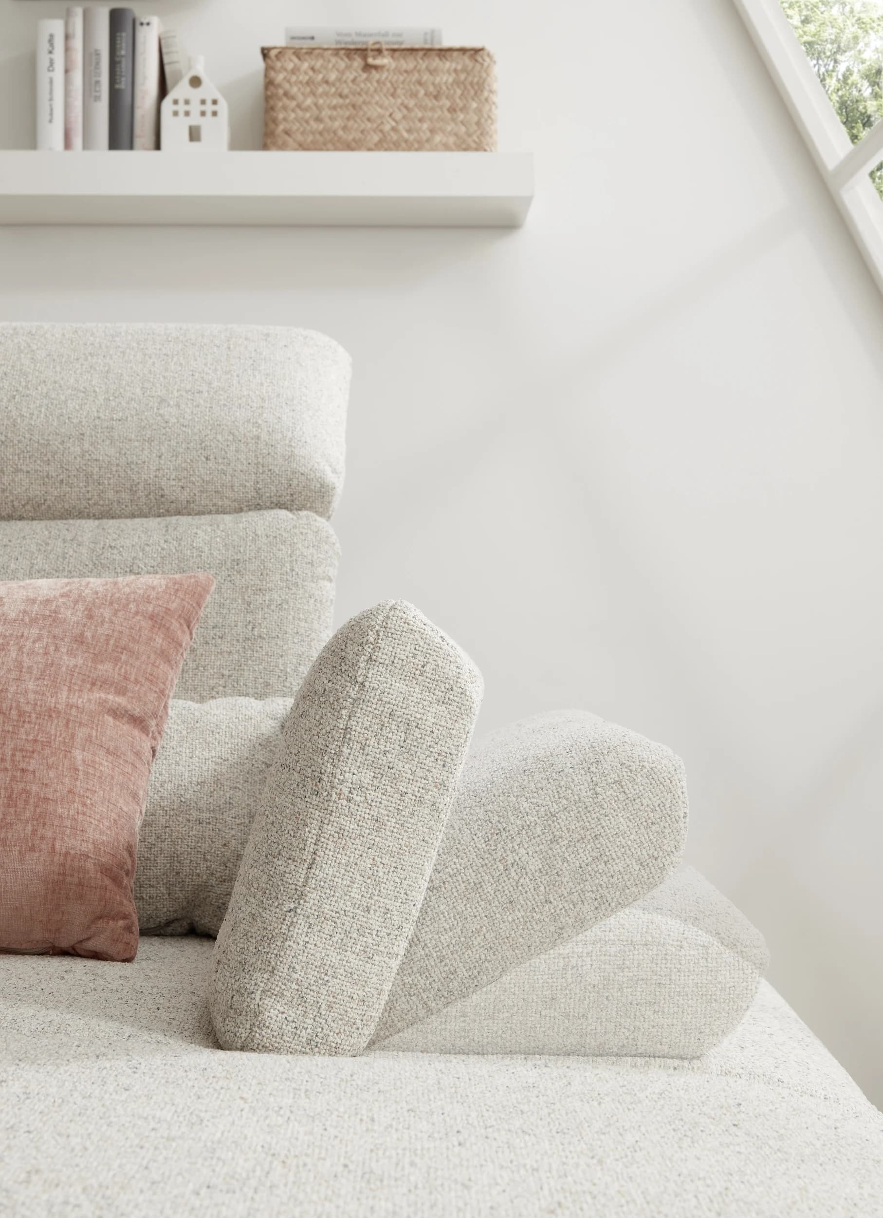 Ecksofa EM Lamego - Rückenlehne, Kopfteil und Armteil verstellbar, Stoff, Beige