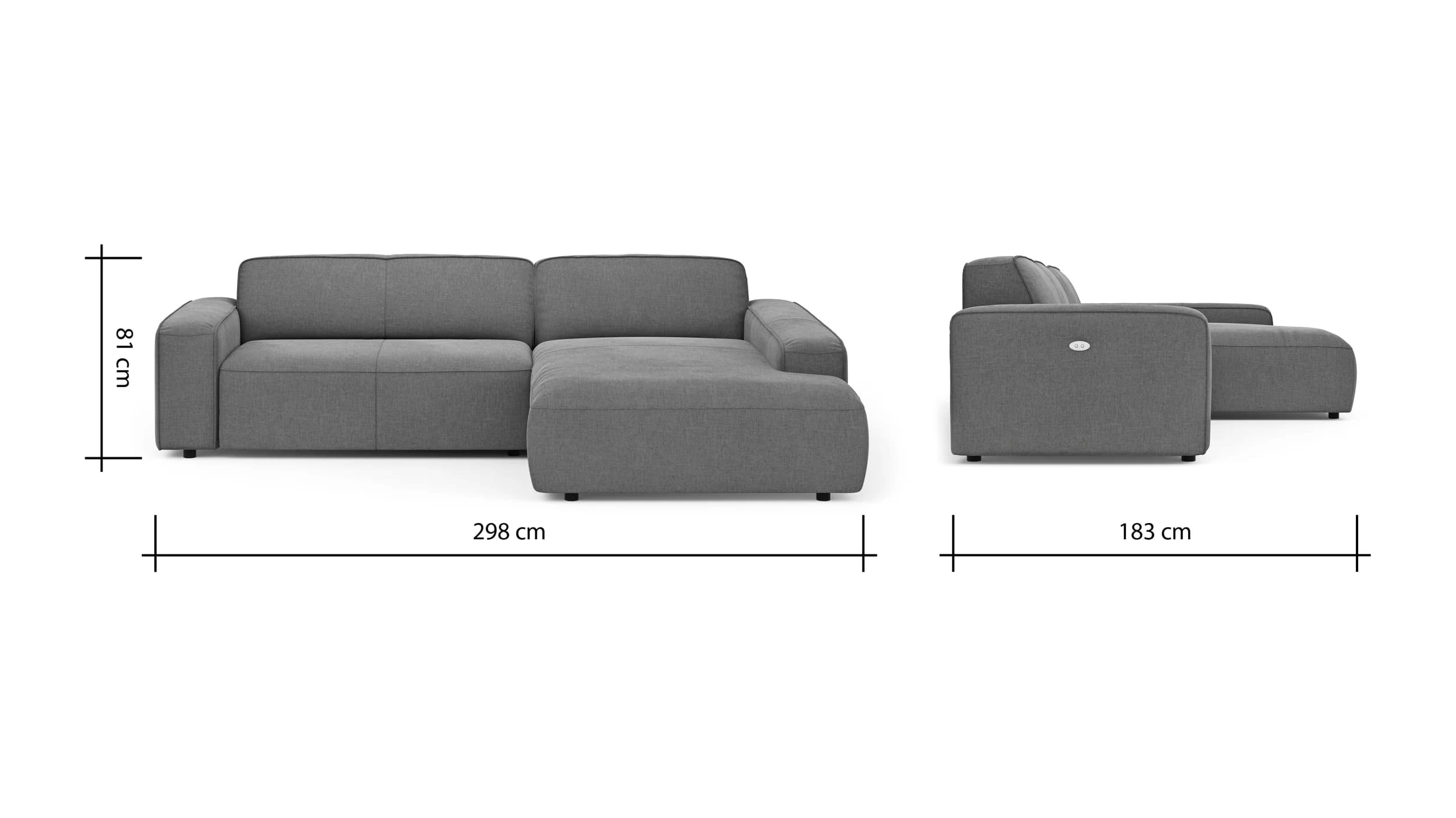 Ecksofa Denver - 2-Sitzer mit Longchair rechts, inkl. Sitzvorzug (motorisch), Stoff, Grau