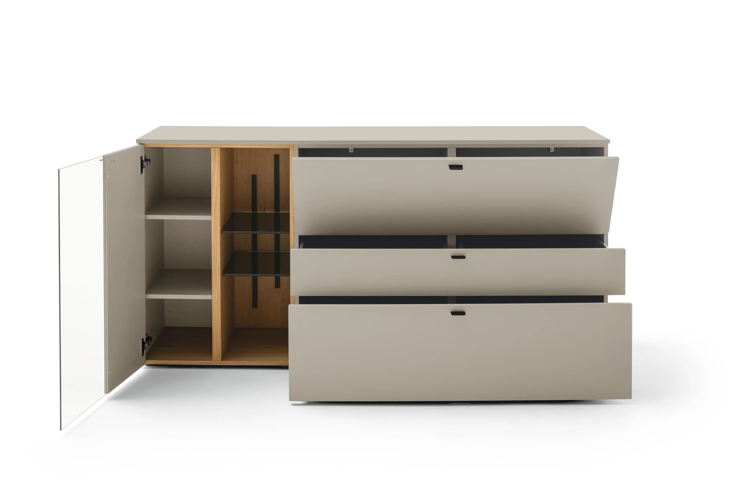 Sideboard - Lack Creme, Akzent Wildeiche Furnier