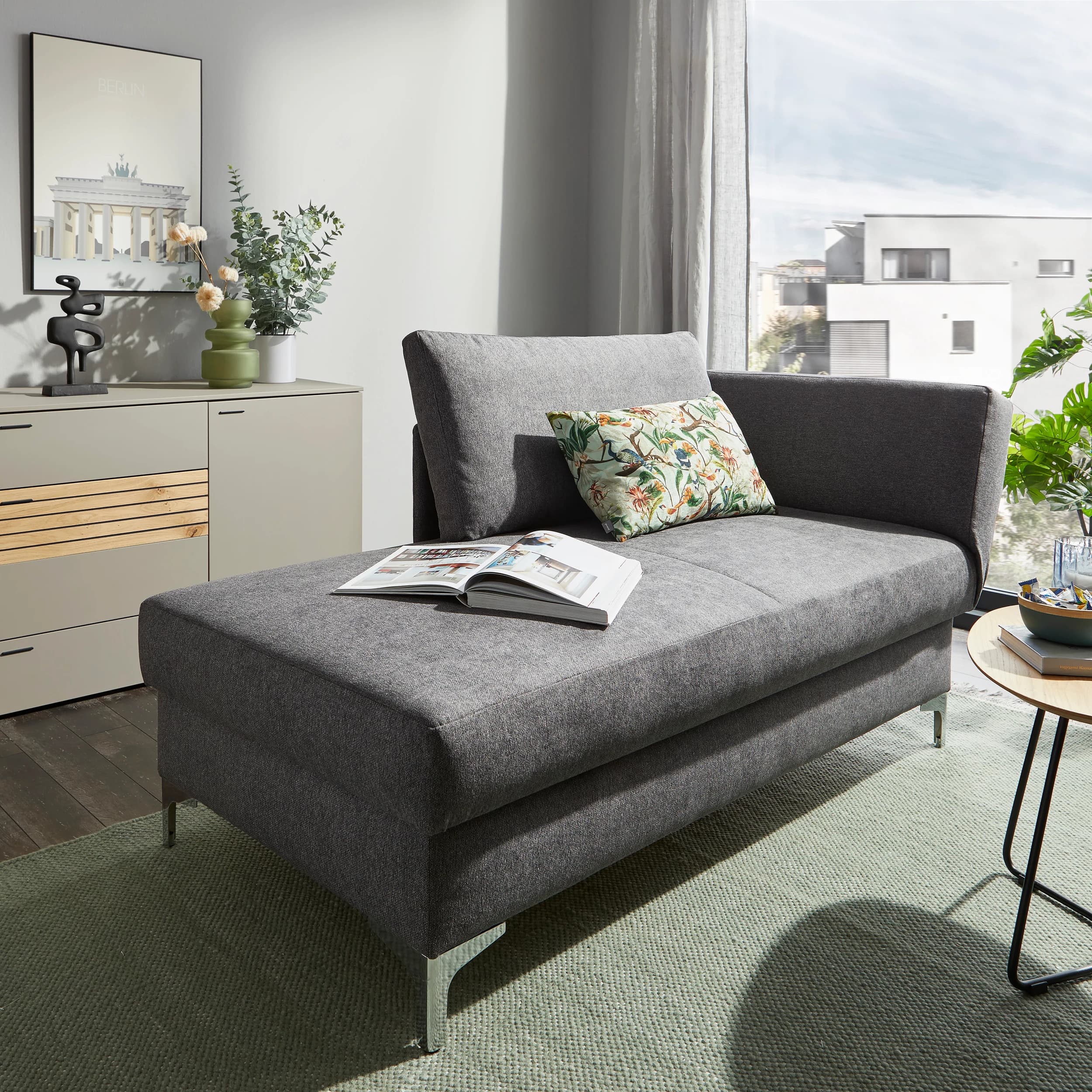 Schlafsofa Verano - Ausrichtung rechts inkl. Schlaffunktion und Bettkasten, Stoff, Dunkelgrau