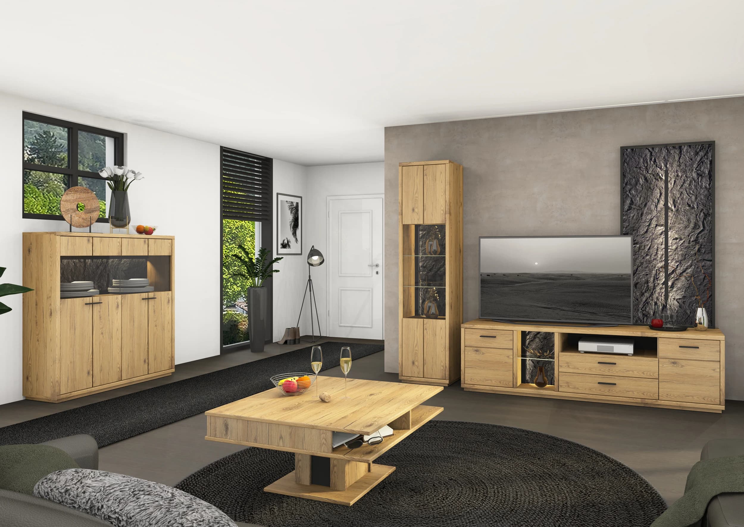 Highboard - mit Beleuchtung, Wildeiche massiv