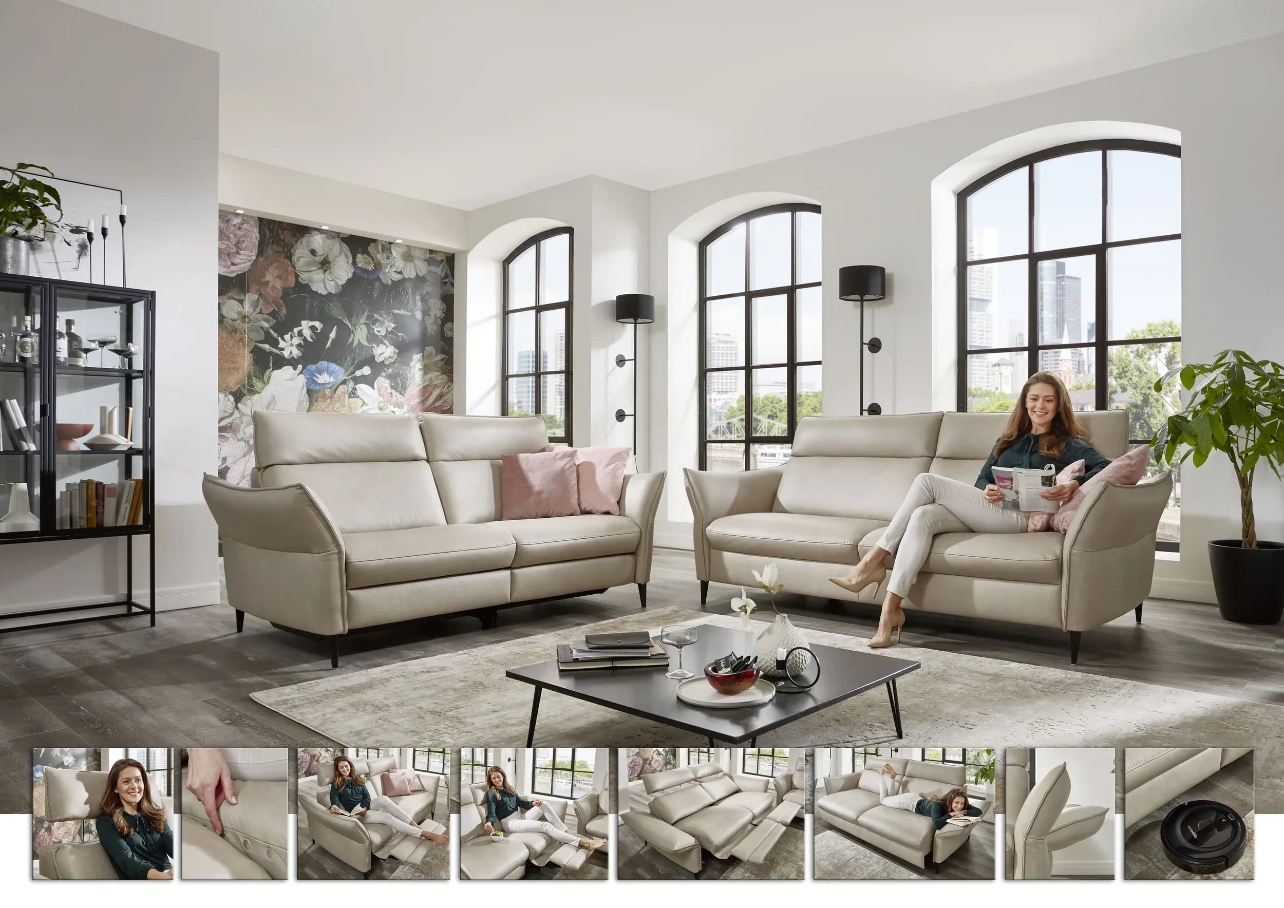 Sofa - 2,5-Sitzer, Kopfteil verstellbar, Leder, Creme