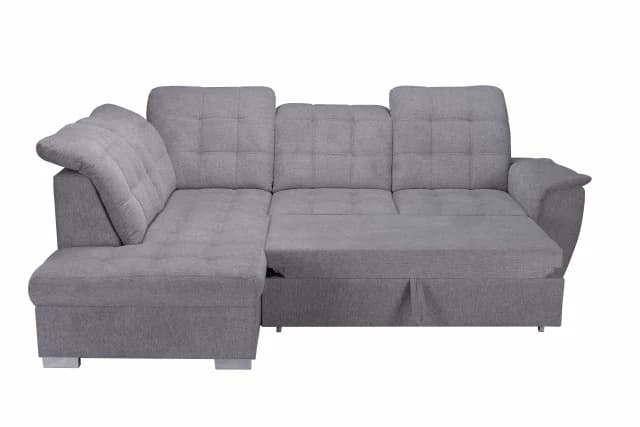 Ecksofa - Ecke links, 2-Sitzer inkl. Schlaffunktion und Bettkasten, verstellbare Kopfstützen, Stoff, Grau