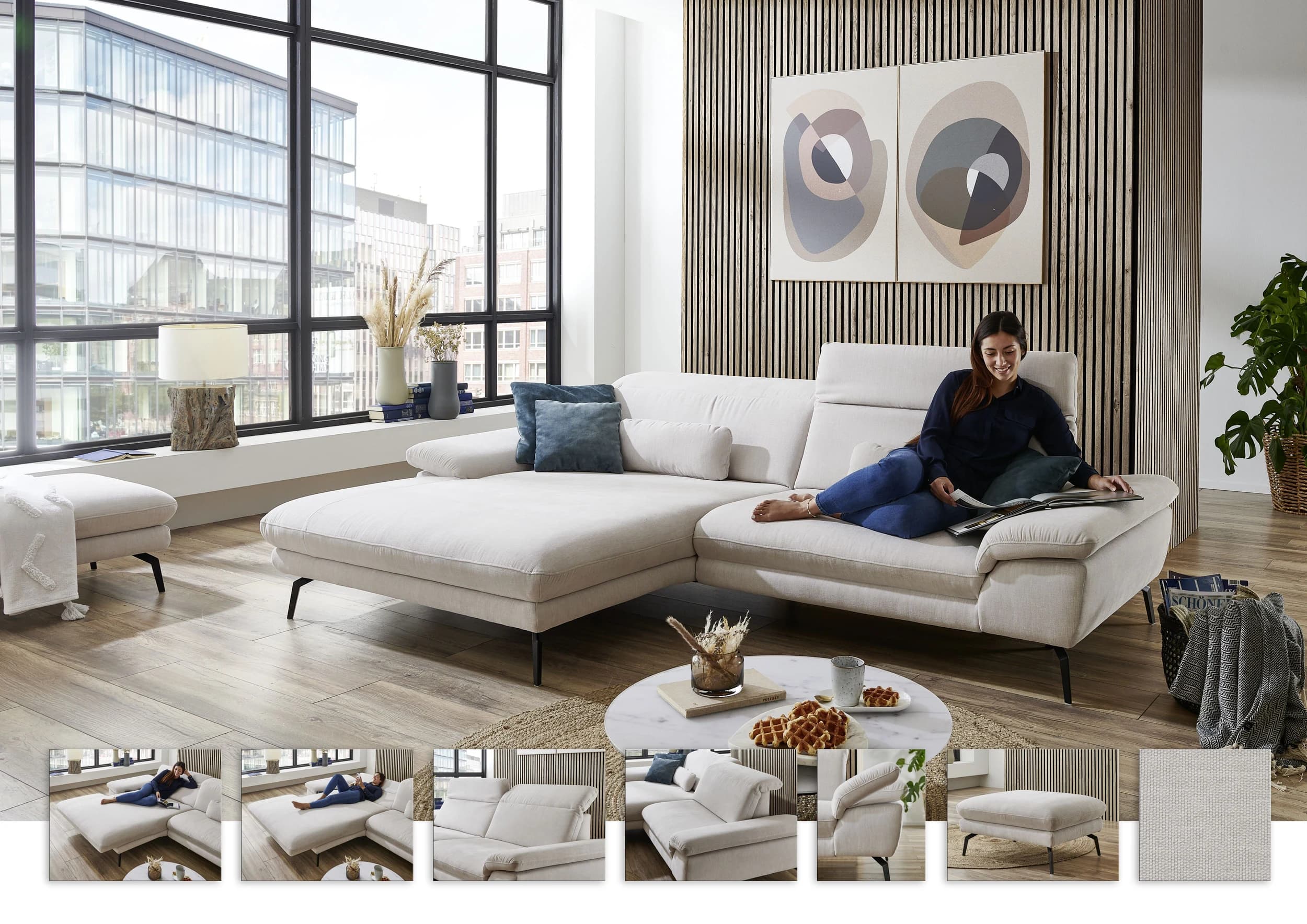  Ecksofa - Longchair links mit 1,5-Sitzer, Kopfteil verstellbar, Stoff, Ecru
