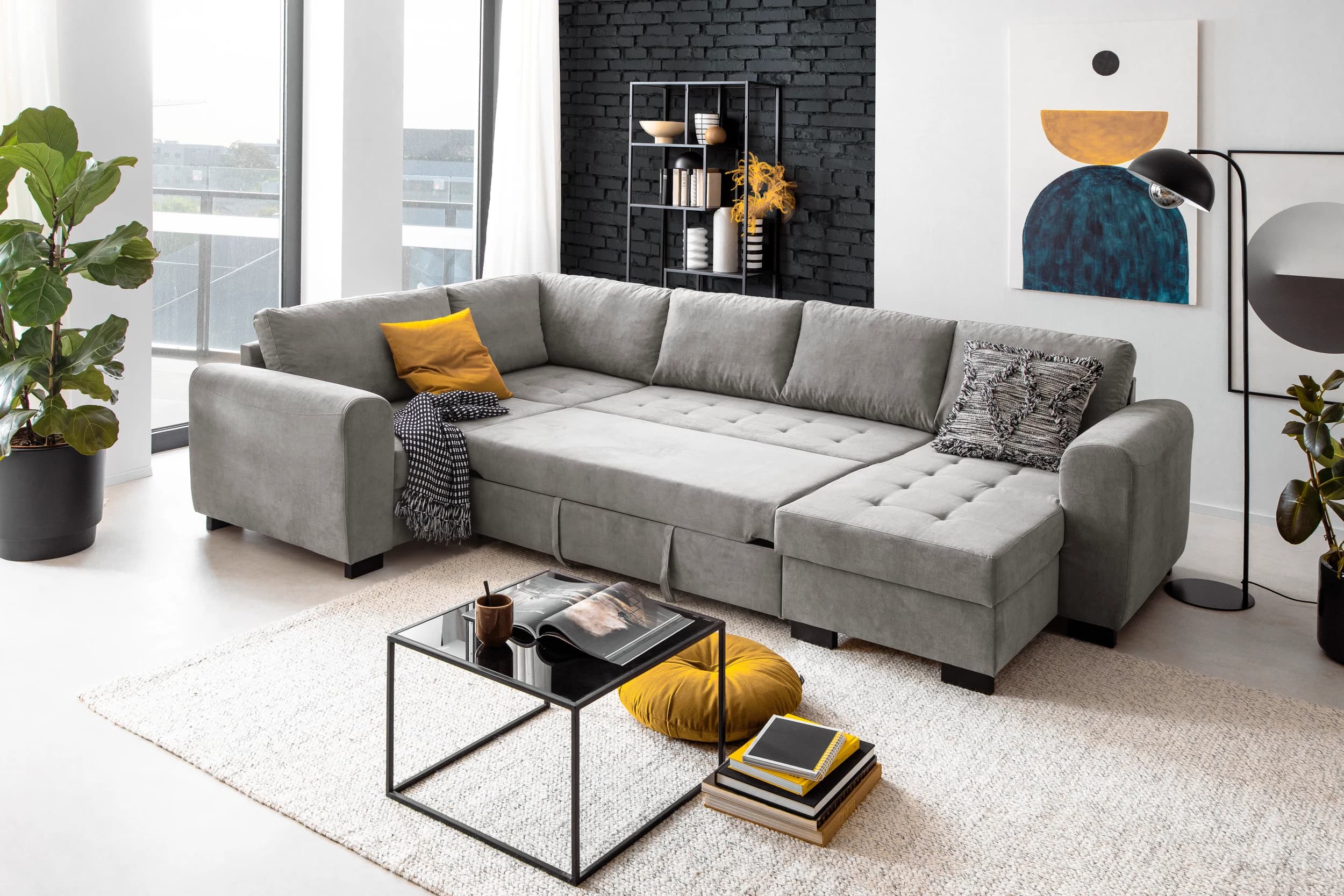 Wohnlandschaft - Ecke rechts, 2-Sitzer, Longchair links, Stoff, Grau