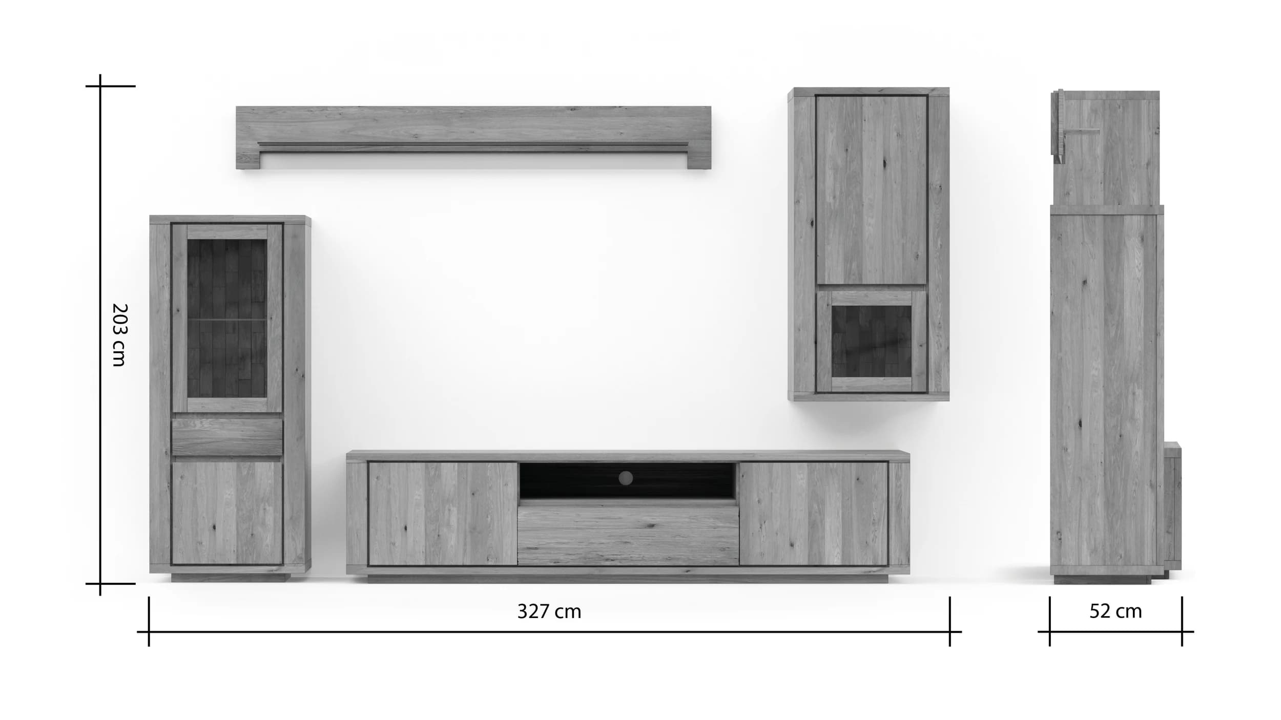 Wohnwand Bakersfield - sichtbare Rückwände mit Holzschindeln/Schubladenfront mit Schroppung, Asteiche massiv, geölt
