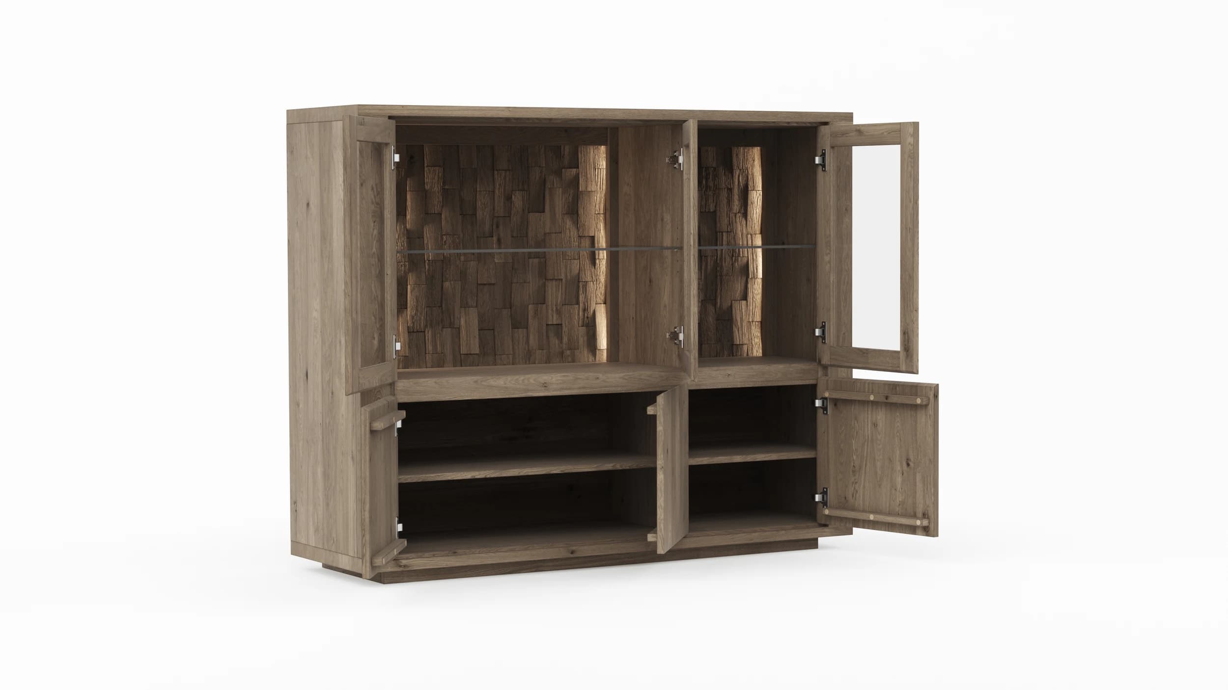 Highboard Bakersfield - inkl. Beleuchtung, Rückwand mit Holzschindeln, Asteiche, Barrrique