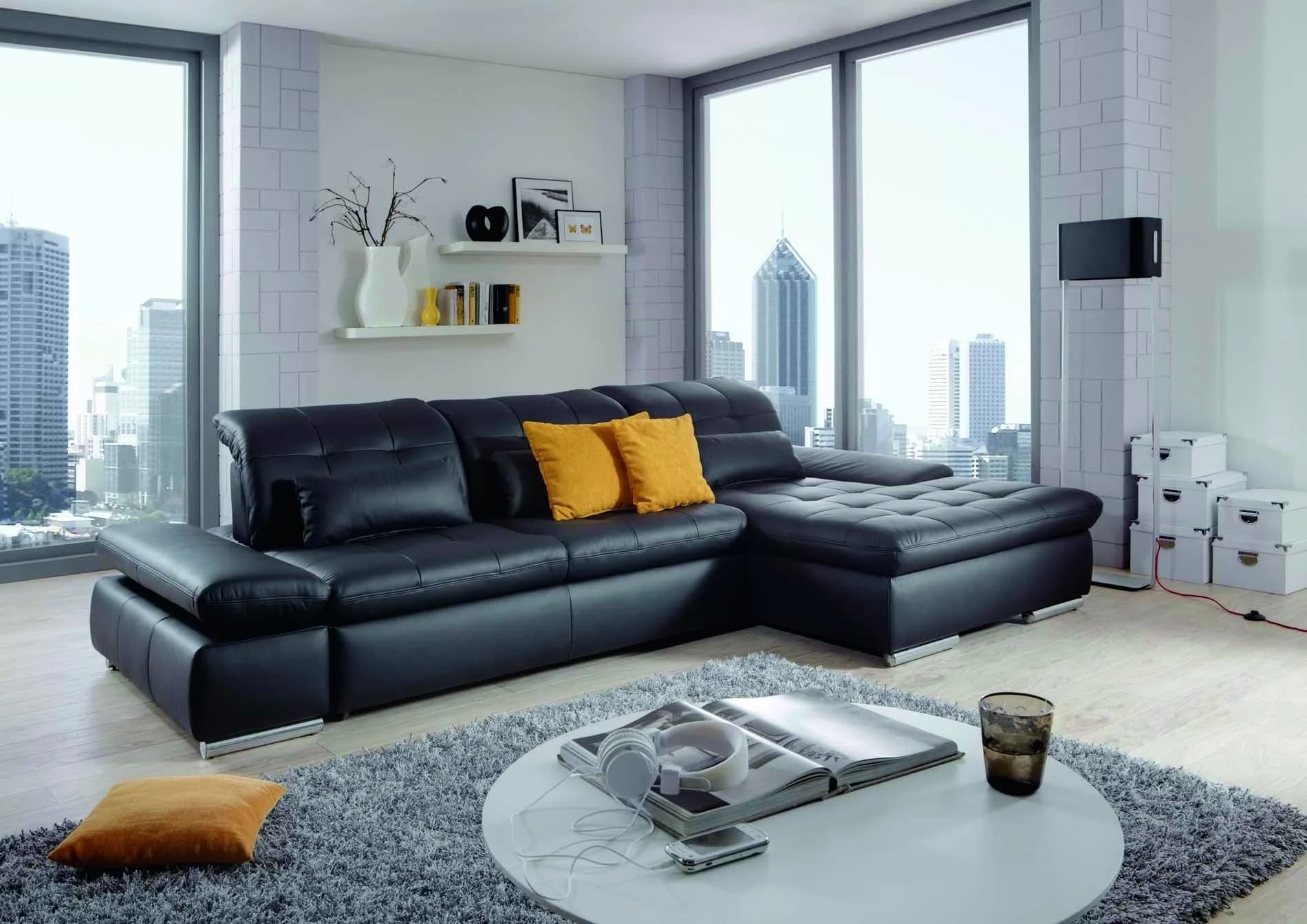 Sofa - 2-Sitzer mit Longchair rechts, inkl. Schwenkrückenfunktion, Leder, Schwarz