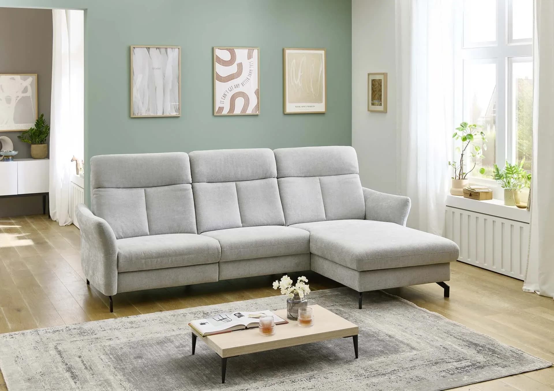 Ecksofa - 2-Sitzer mit Longchair rechts, Kopfteil verstellbar, Stoff, Silbergrau