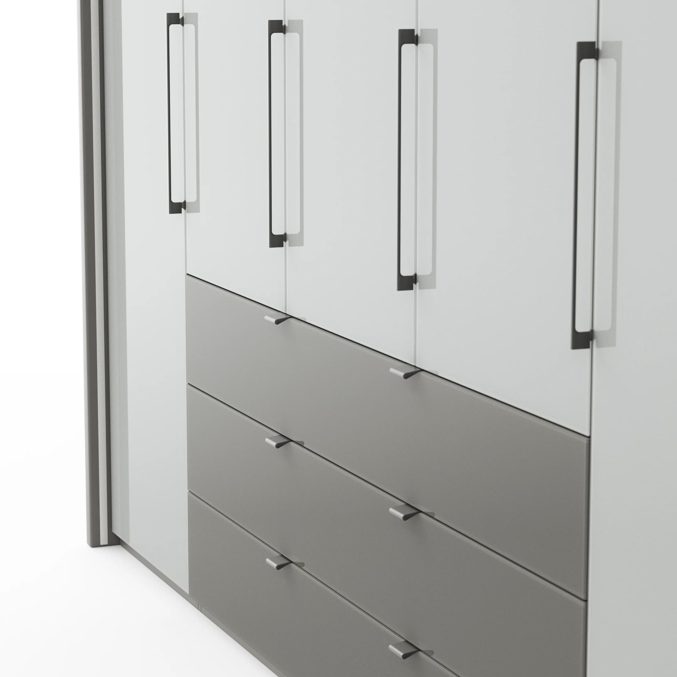 Drehtürenschrank Marbella - B. ca. 257cm, Korpus Melamin, Grau, Front Glas, Weiß