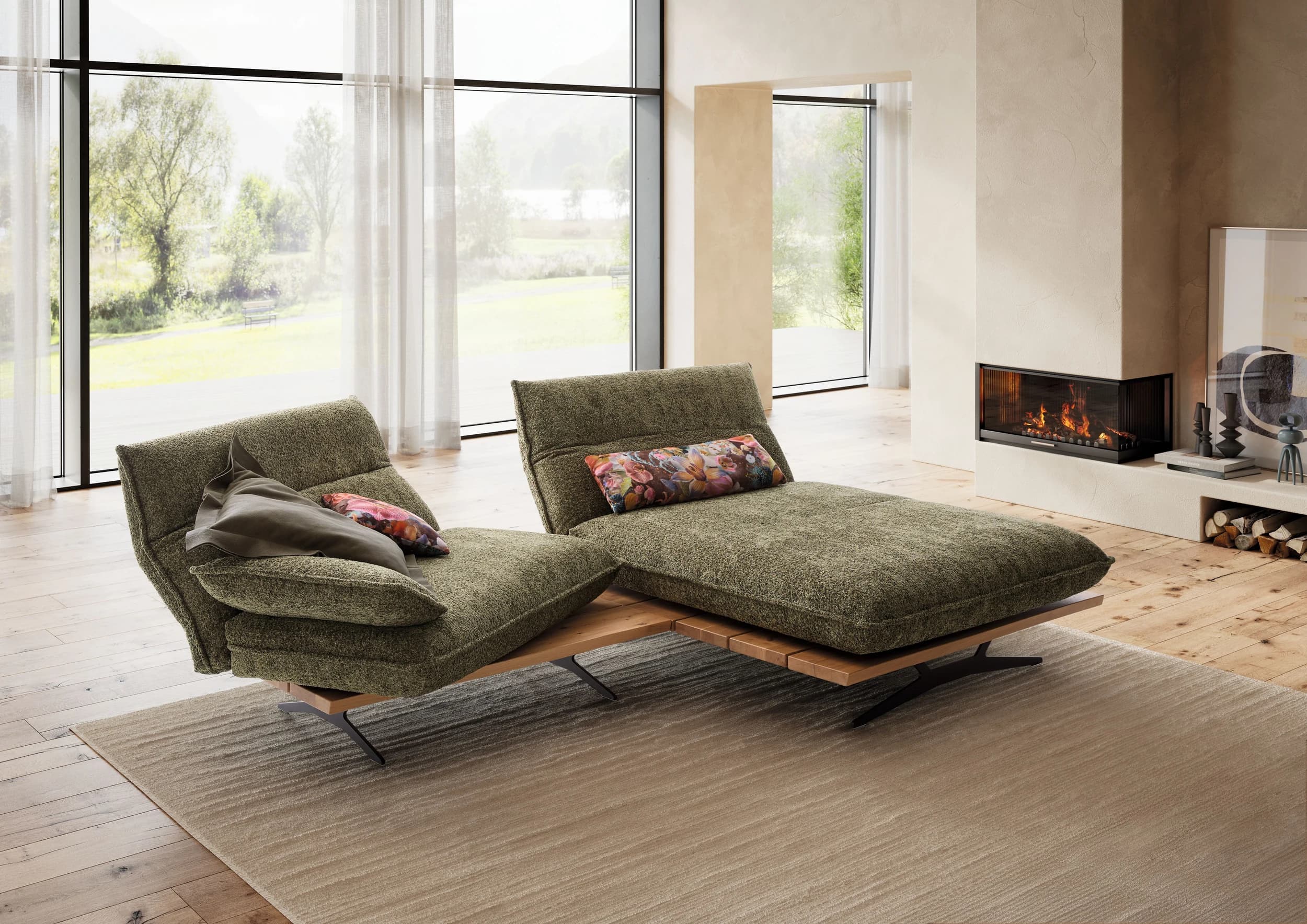 Sofa - 2-Sitzer, Kopfteil/Armlehne/Sitztiefe verstellbar, Stoff, Olivgrün