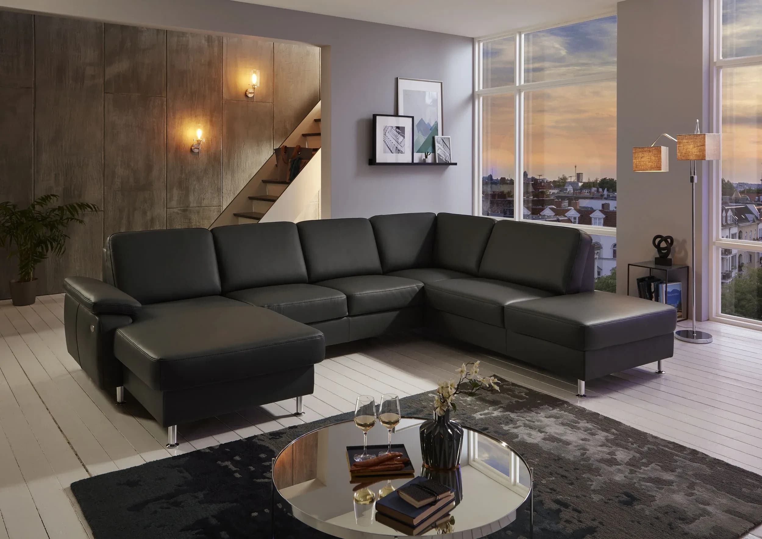 Wohnlandschaft - Longchair links mit 2,5-Sitzer und Ecke rechts,  Leder, Anthrazit
