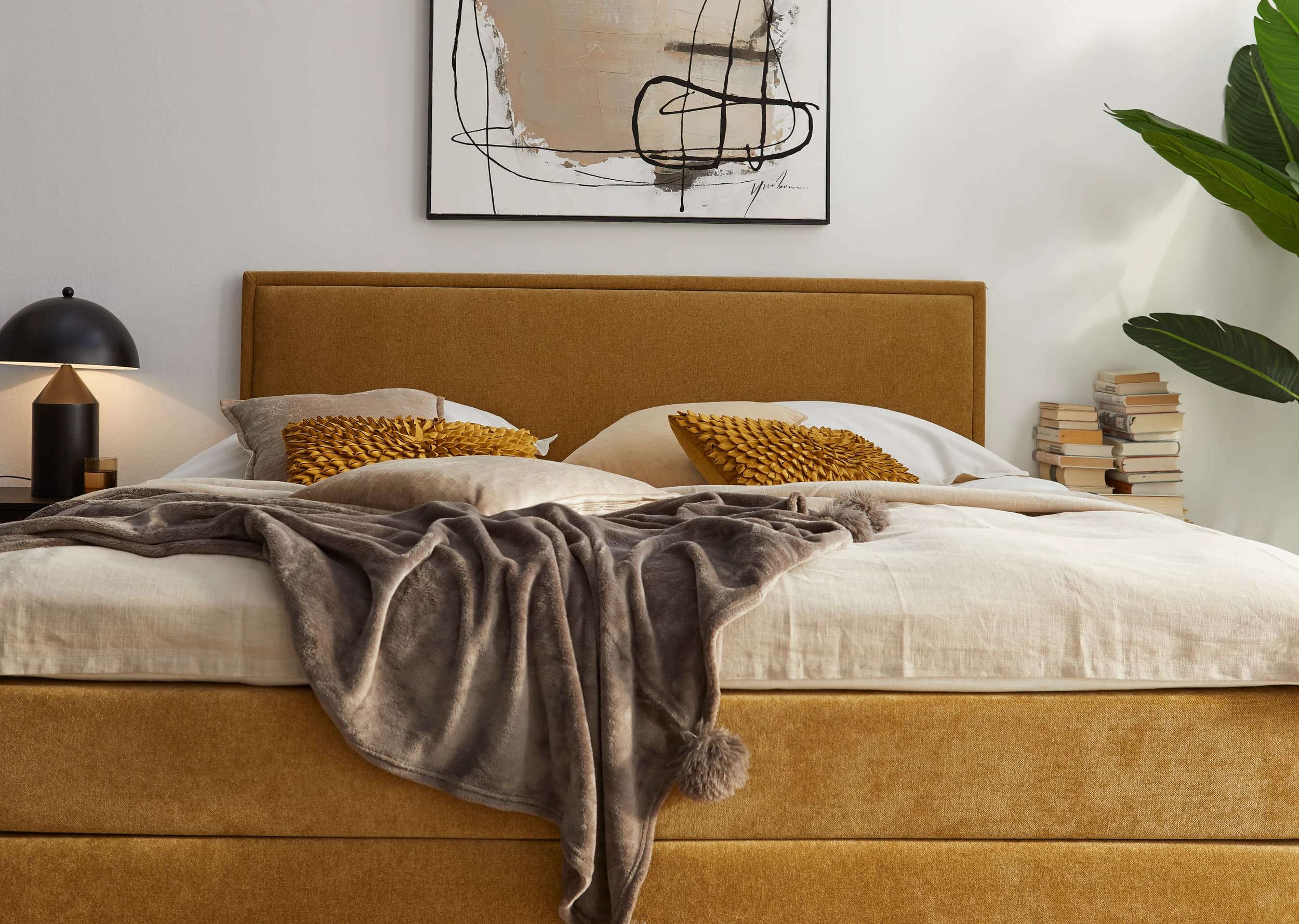Boxspringbett Valencia - Liegefläche ca. 180x200 cm, Stoff, Senfgelb