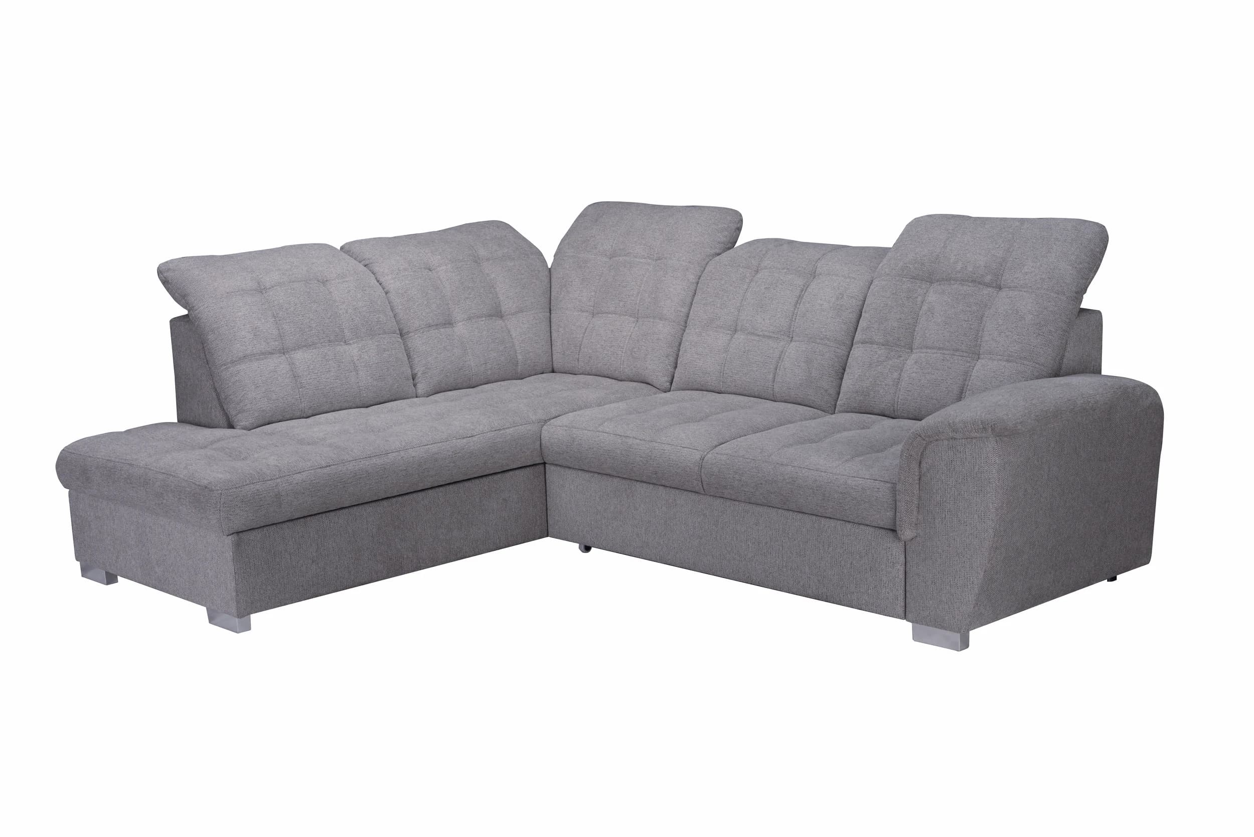 Ecksofa - Ecke links, 2-Sitzer inkl. Schlaffunktion und Bettkasten, verstellbare Kopfstützen, Stoff, Grau