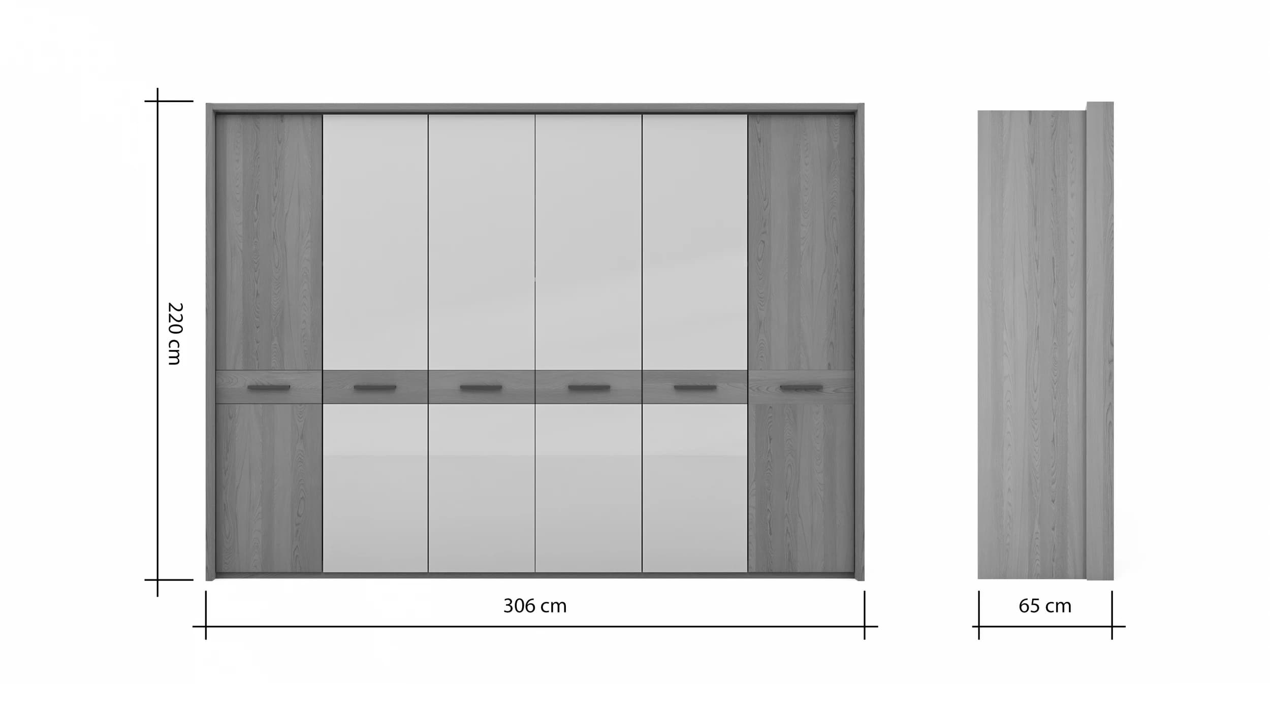 Drehtürenschrank Lenoso - B. ca. 306 cm, Eiche massiv, Glas, Champagner