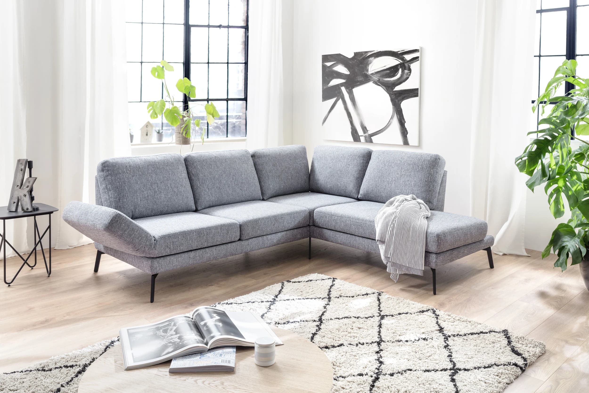 Ecksofa - 2-Sitzer mit Ecke rechts, Rückenlehne/Armlehne verstellbar (manuell), Drehsitz (manuell), Flachgewebe, Graublau