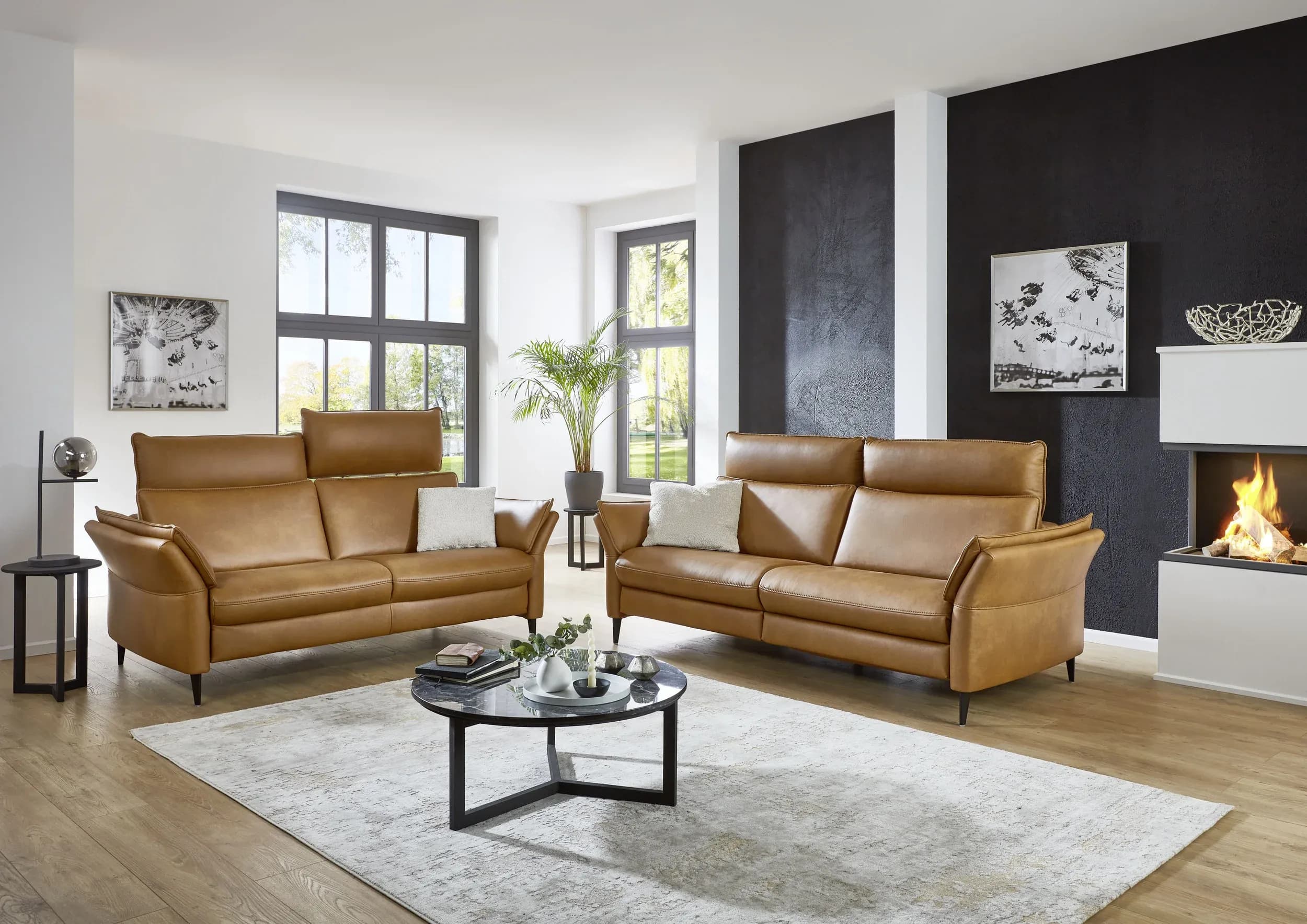 Sofa - 3-Sitzer mit Kopfteil verstellbar, Leder, Braun