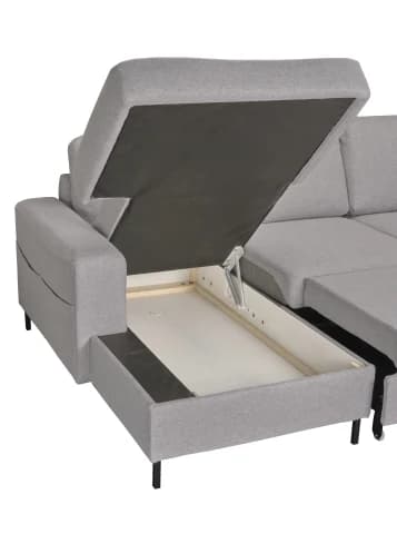 Wohnlandschaft - Longchair links mit 2-Sitzer und Ecke rechts, Schlaffunktion mit Bettkasten, Stoff, Hellgrau