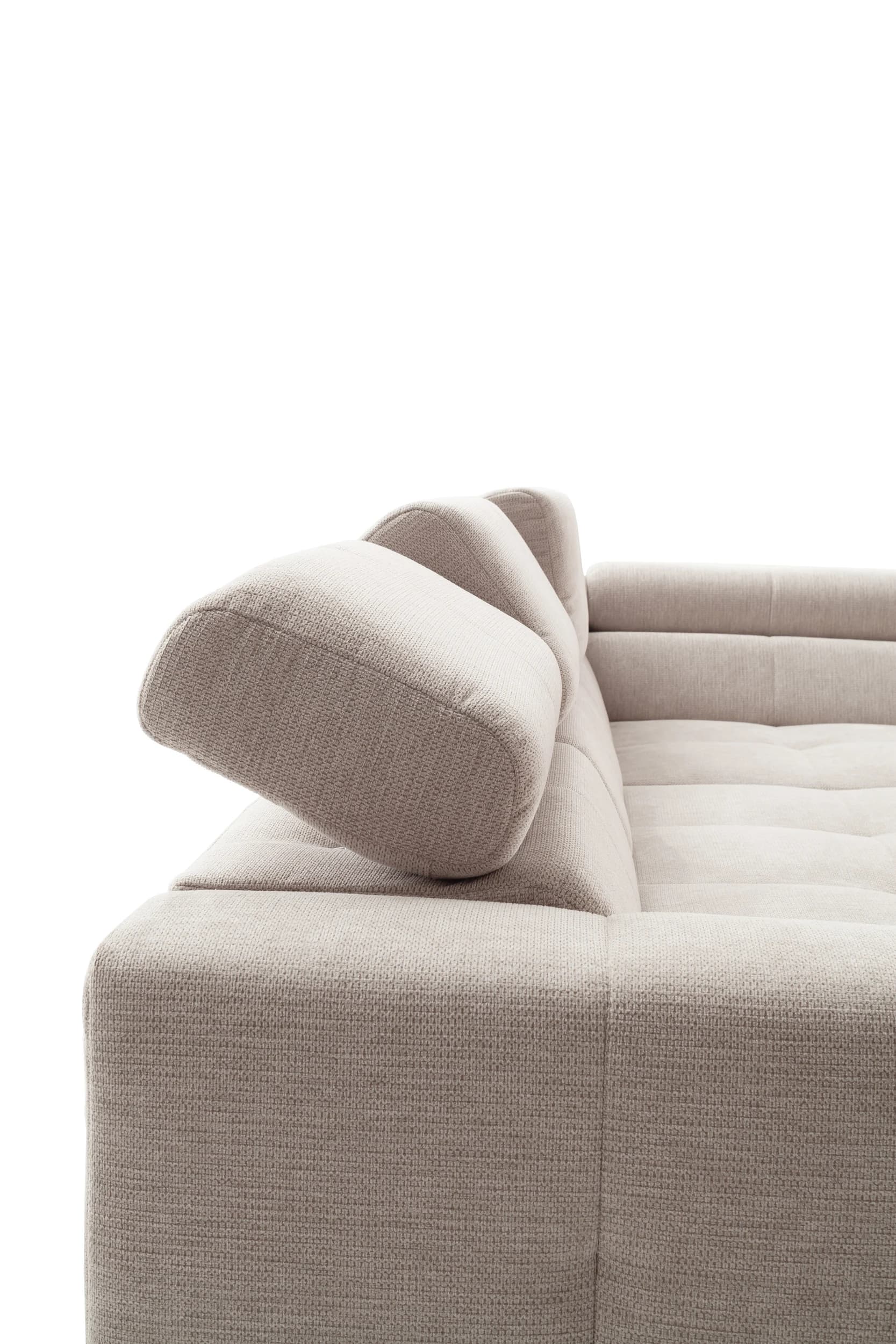 Ecksofa - 2-Sitzer mit Ecke rechts, Kopfteil/Sitztiefe verstellbar, Stoff, Natur