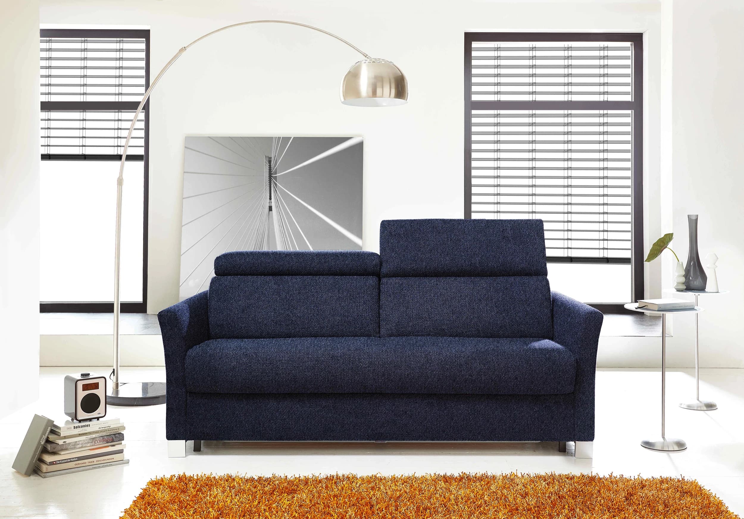 Schlafsofa - 2,5-Sitzer mit Schlaffunktion, Kopfteilverstellung, Stoff, Indigoblau