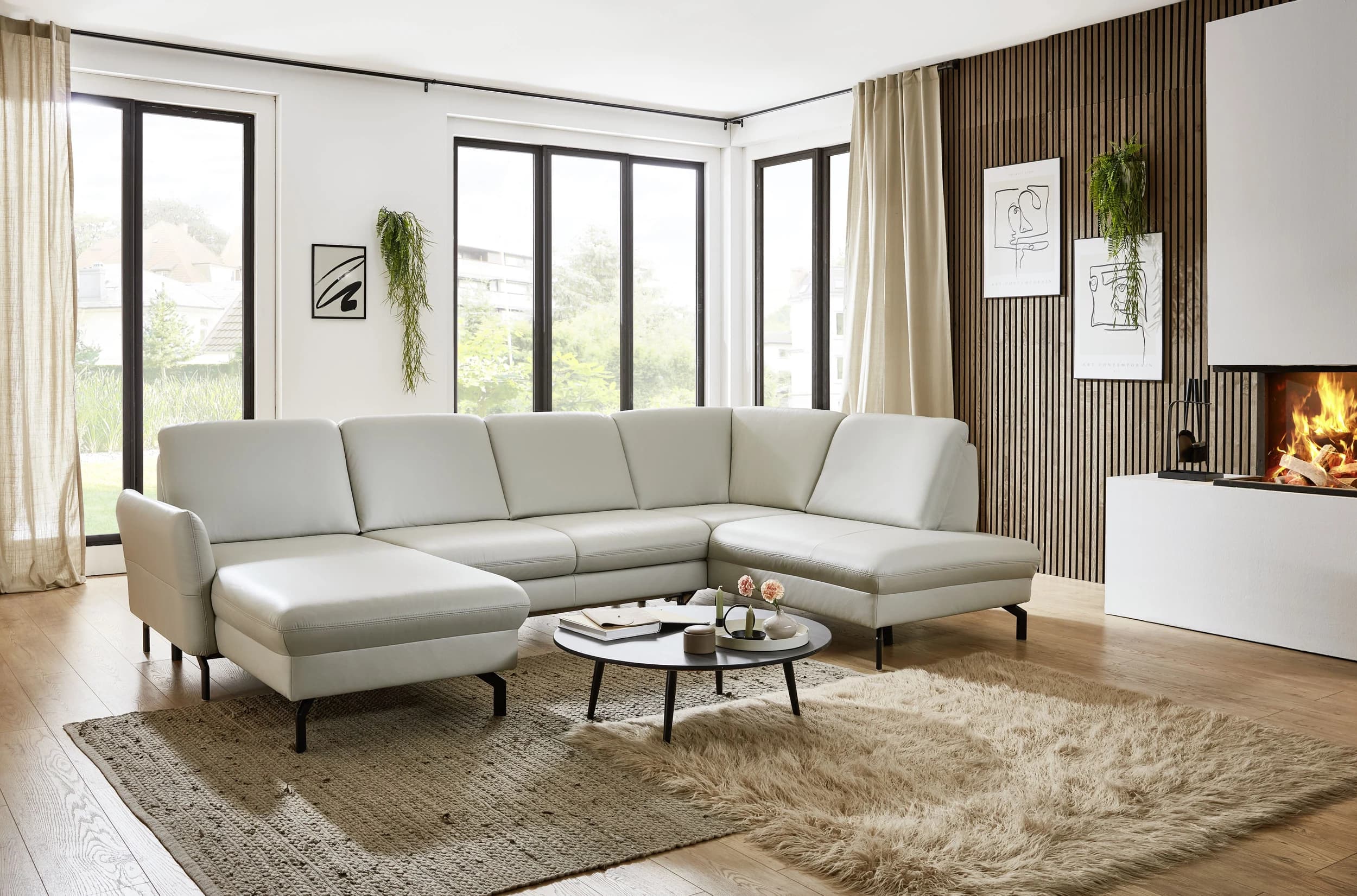 Wohnlandschaft - Longchair links mit 2,5-Sitzer und Ecke rechts, Leder, Silbergrau