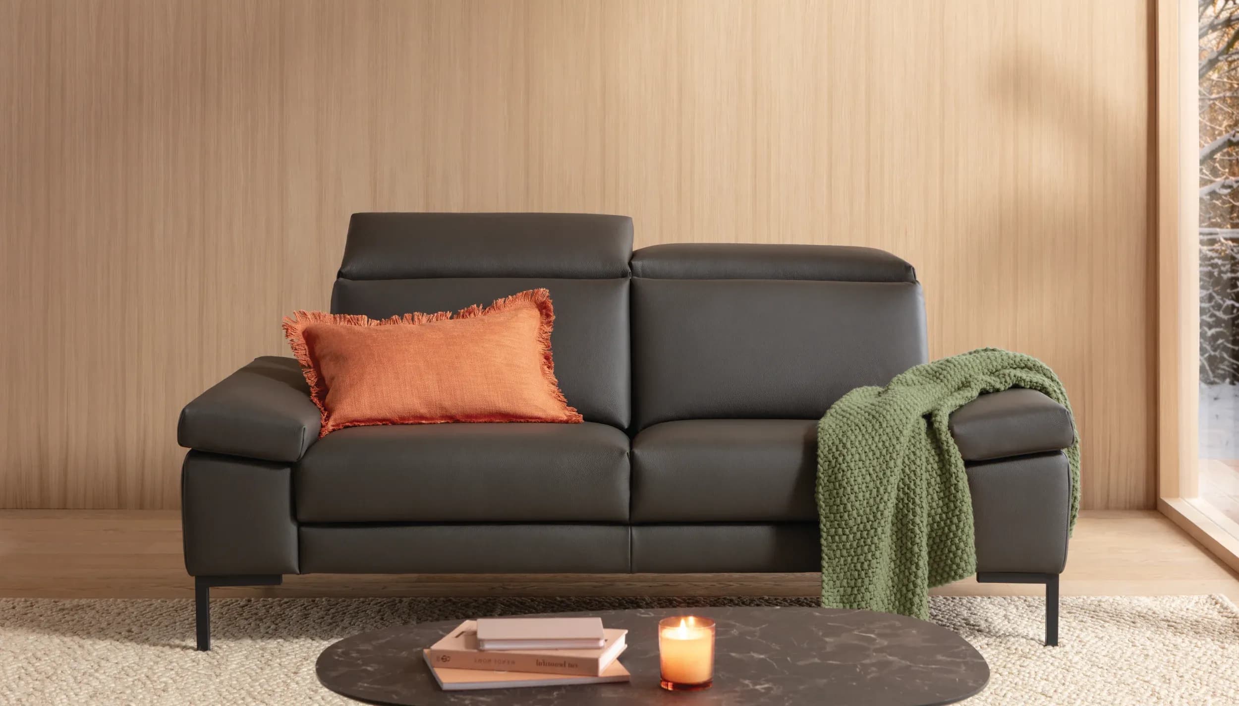 Sofa Braska - 2,5-Sitzer, inkl. Kopfstütze und Armlehne verstellbar, Leder, Anthrazit