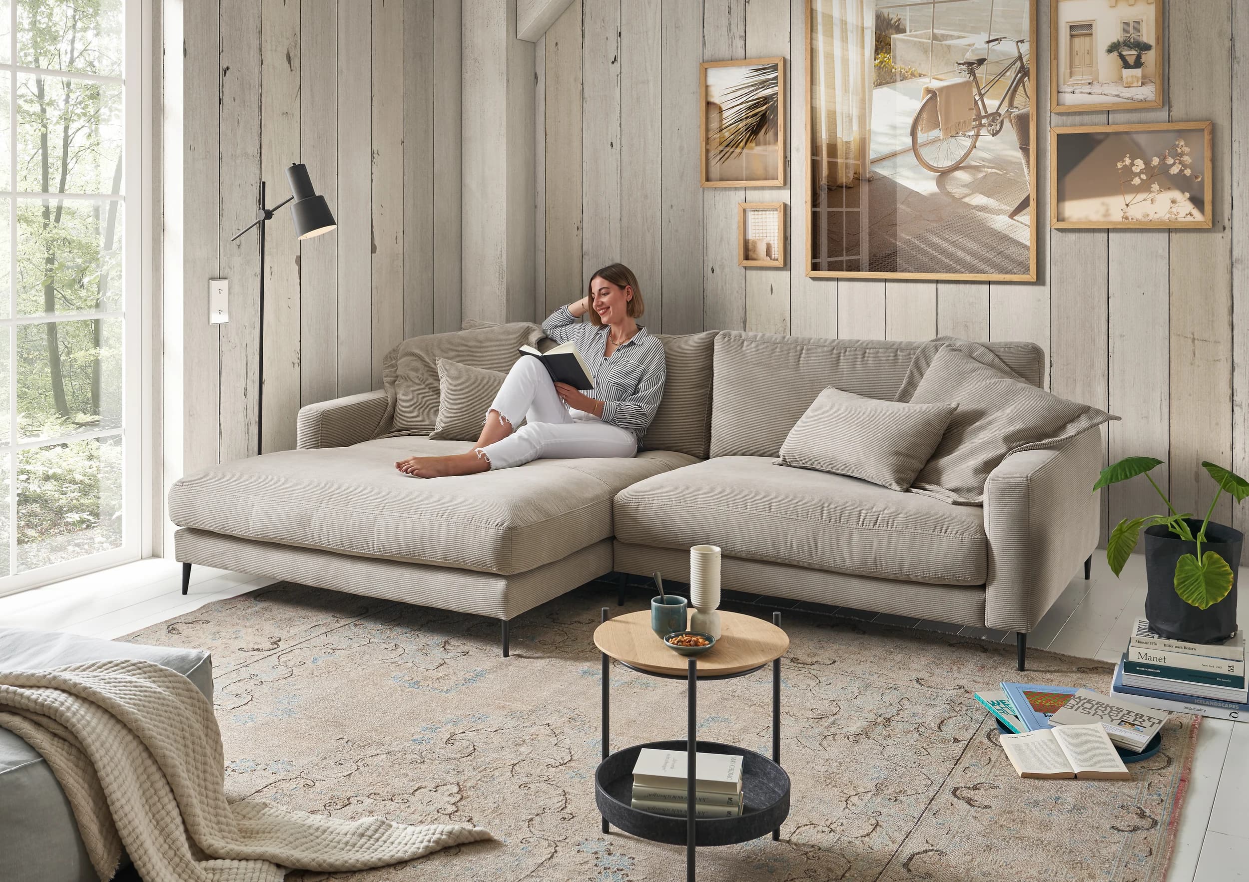 Ecksofa - Longchair links mit 1,5-Sitzer, Stoff, Sand