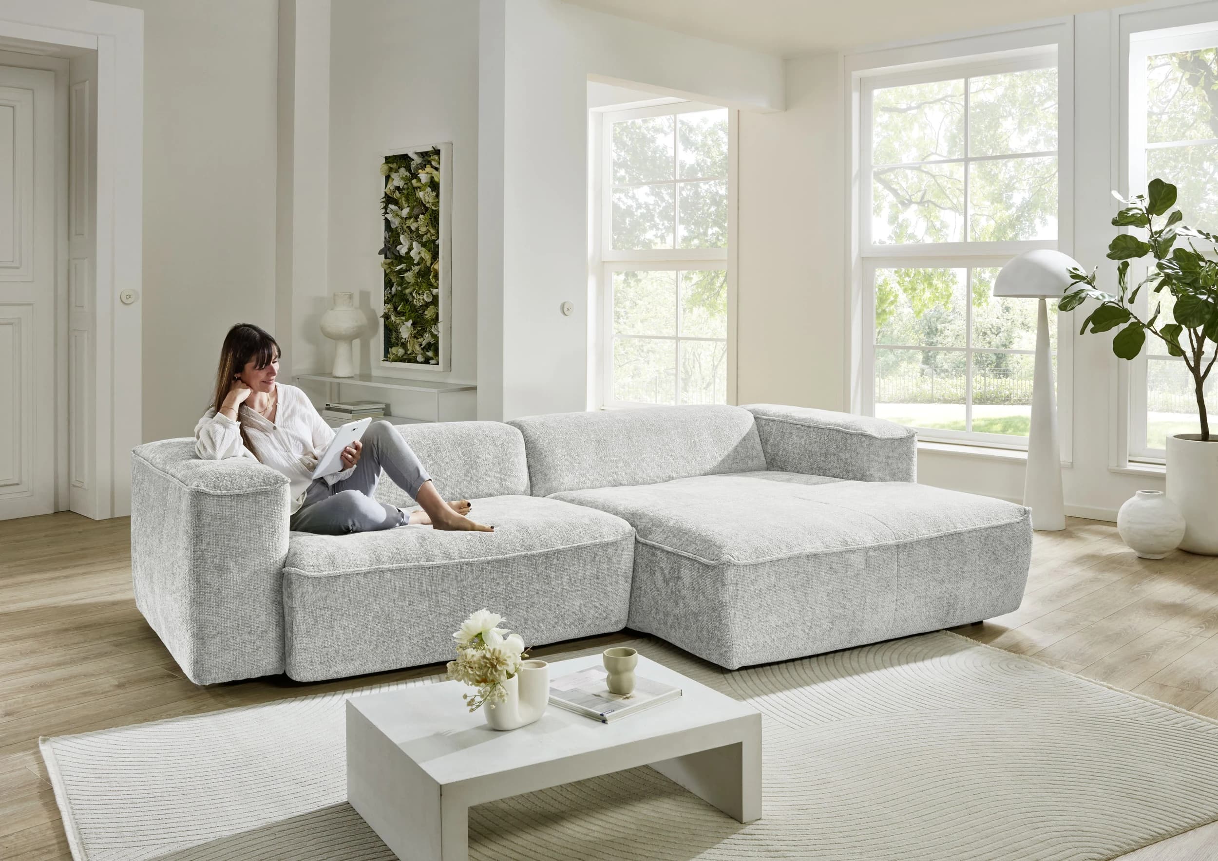 Ecksofa - 2-Sitzer mit Longchair rechts, Stoff, Weiß