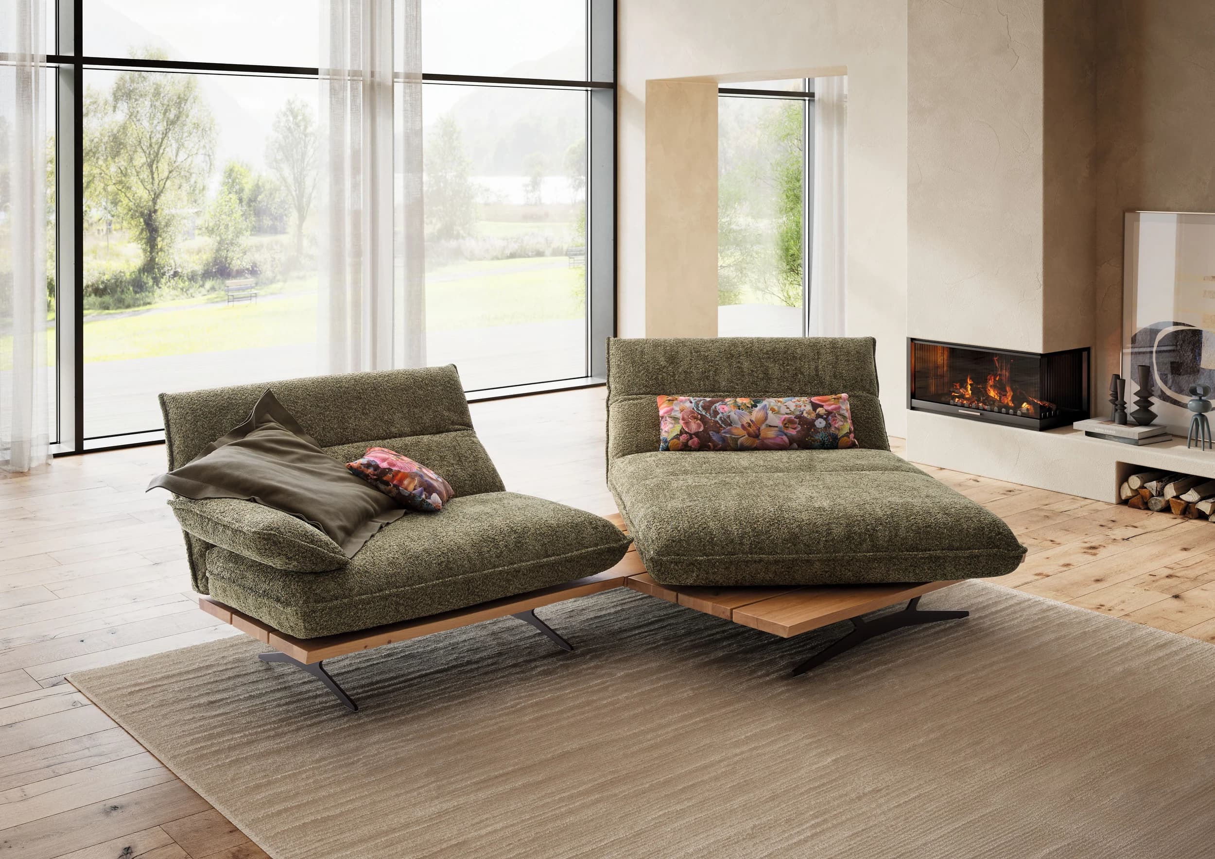 Sofa - 2-Sitzer, Kopfteil/Armlehne/Sitztiefe verstellbar, Stoff, Olivgrün