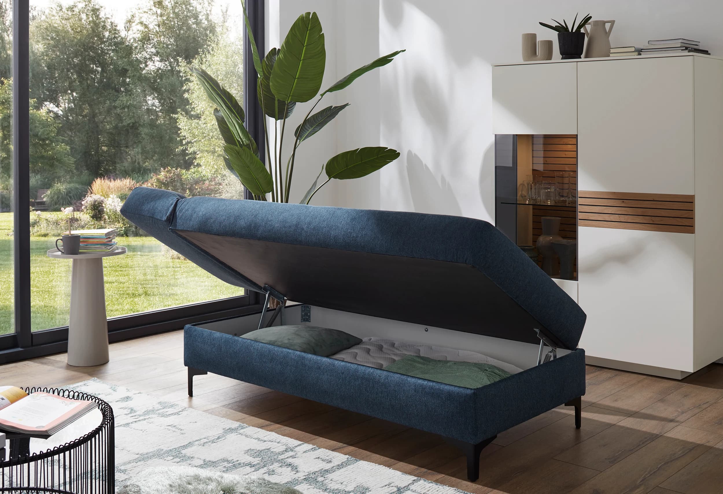 Schlafsofa Verano - Ausrichtung links inkl. Schlaffunktion und Bettkasten, Stoff, Petrol