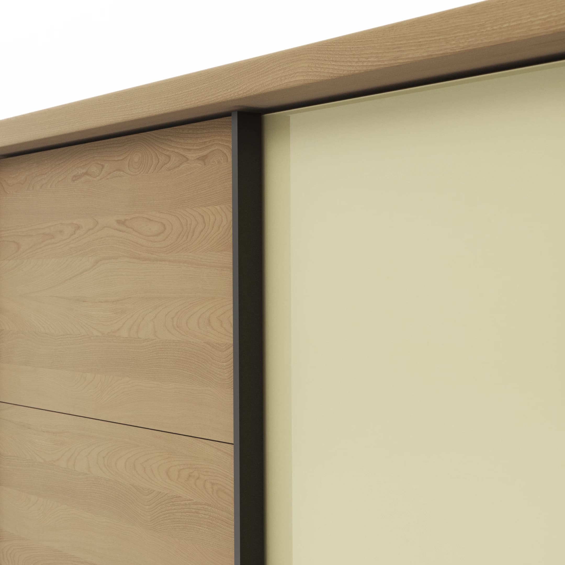 Schwebetürenschrank Lenoso -  B. ca. 260 cm, Eiche massiv, Glas, Champagner