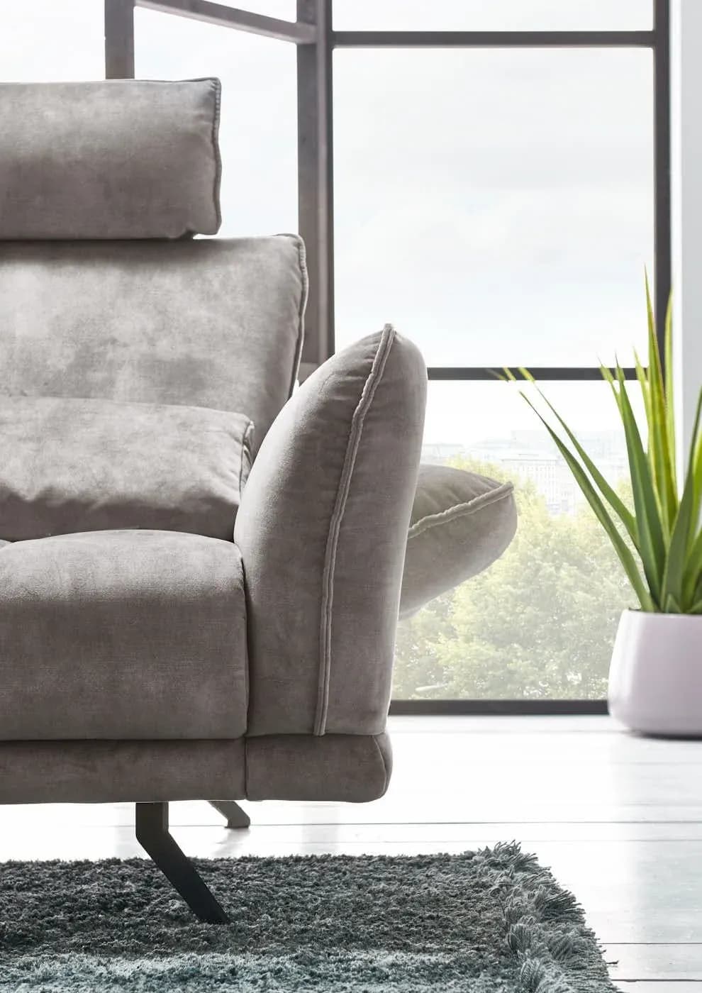 Ecksofa - Longchair links mit 3-Sitzer, Armlehne/Sitztiefe verstellbar (manuell), Velourstoff, Silbergrau