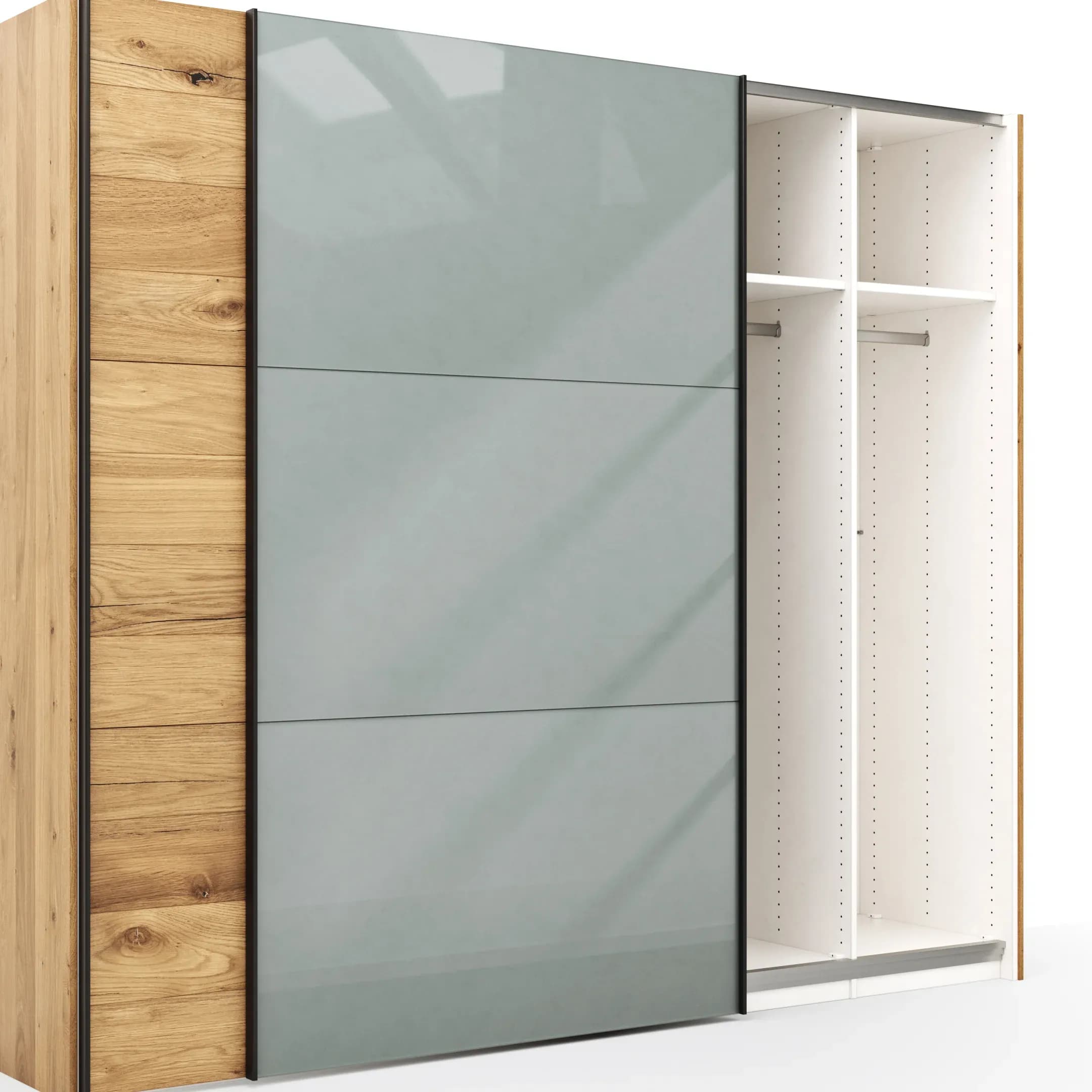 Schwebetürenschrank Colorado - B. ca. 257 cm, Eiche, Glas Graugrün