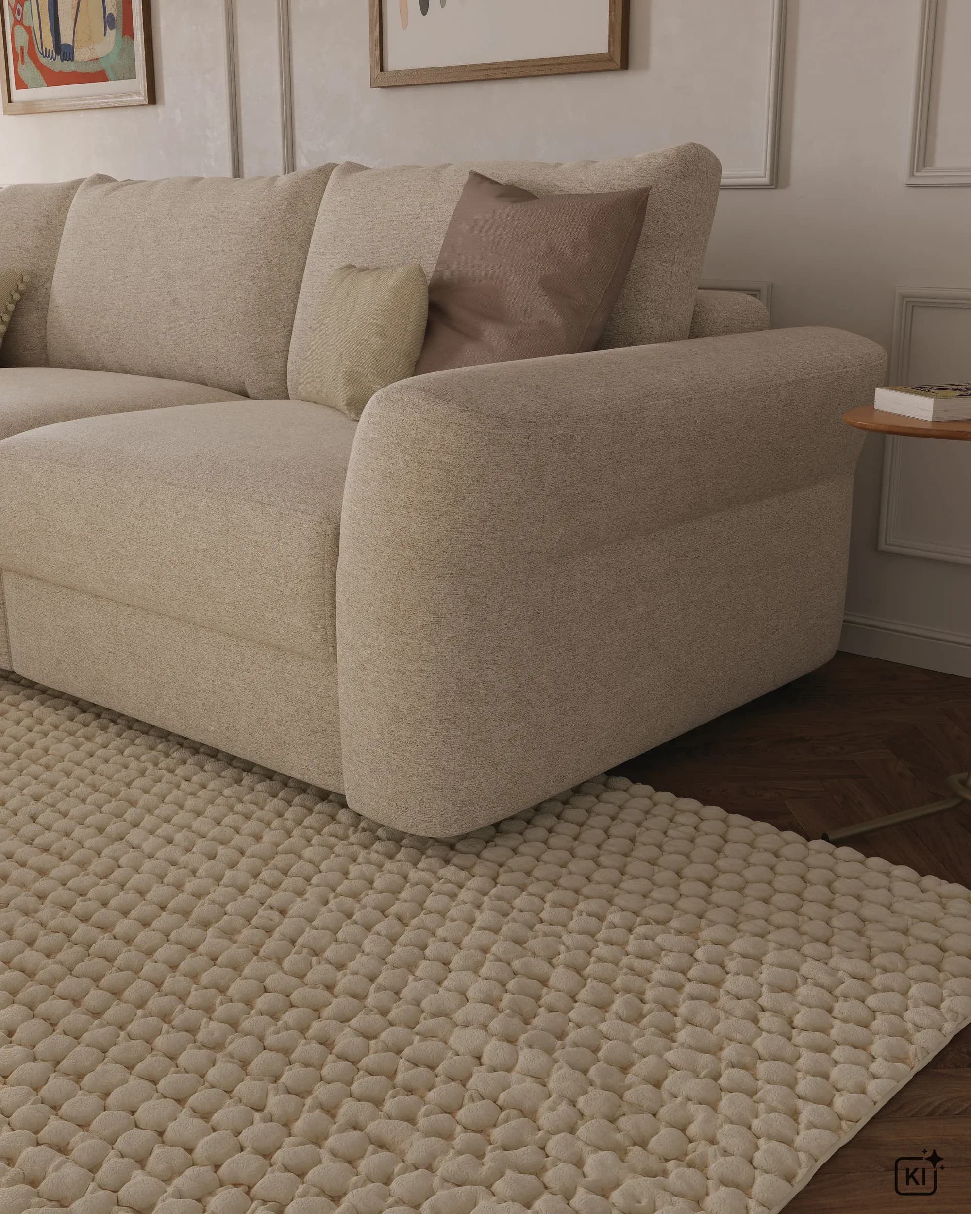 Ecksofa Almeria - Rundecke und Abschlussteil mit 2-Sitzer rechts, Stoff, Offwhite