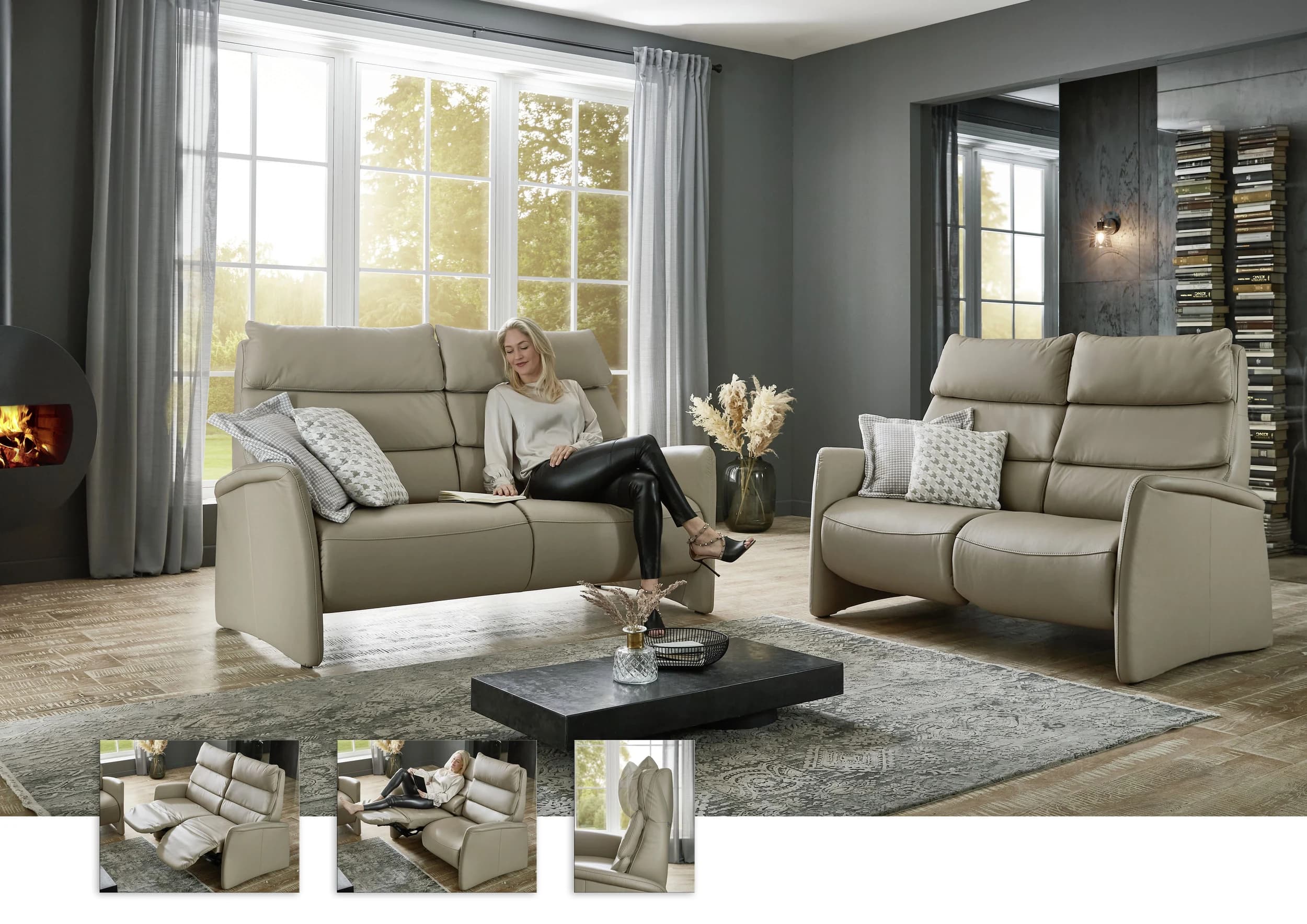 Sofa - 2,5-Sitzer, Kopfteil verstellbar, Leder, Perlmutt,