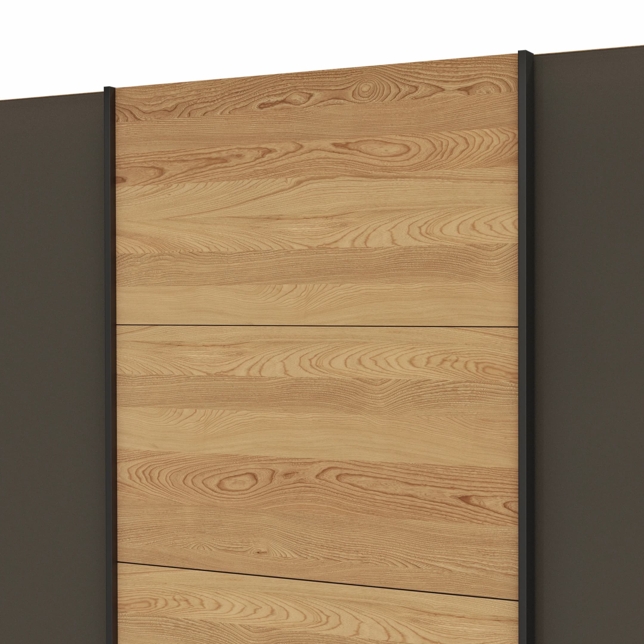 Schwebetürenschrank Lenoso - B. ca. 250 cm, Eiche massiv, Glas Dunkelbraun