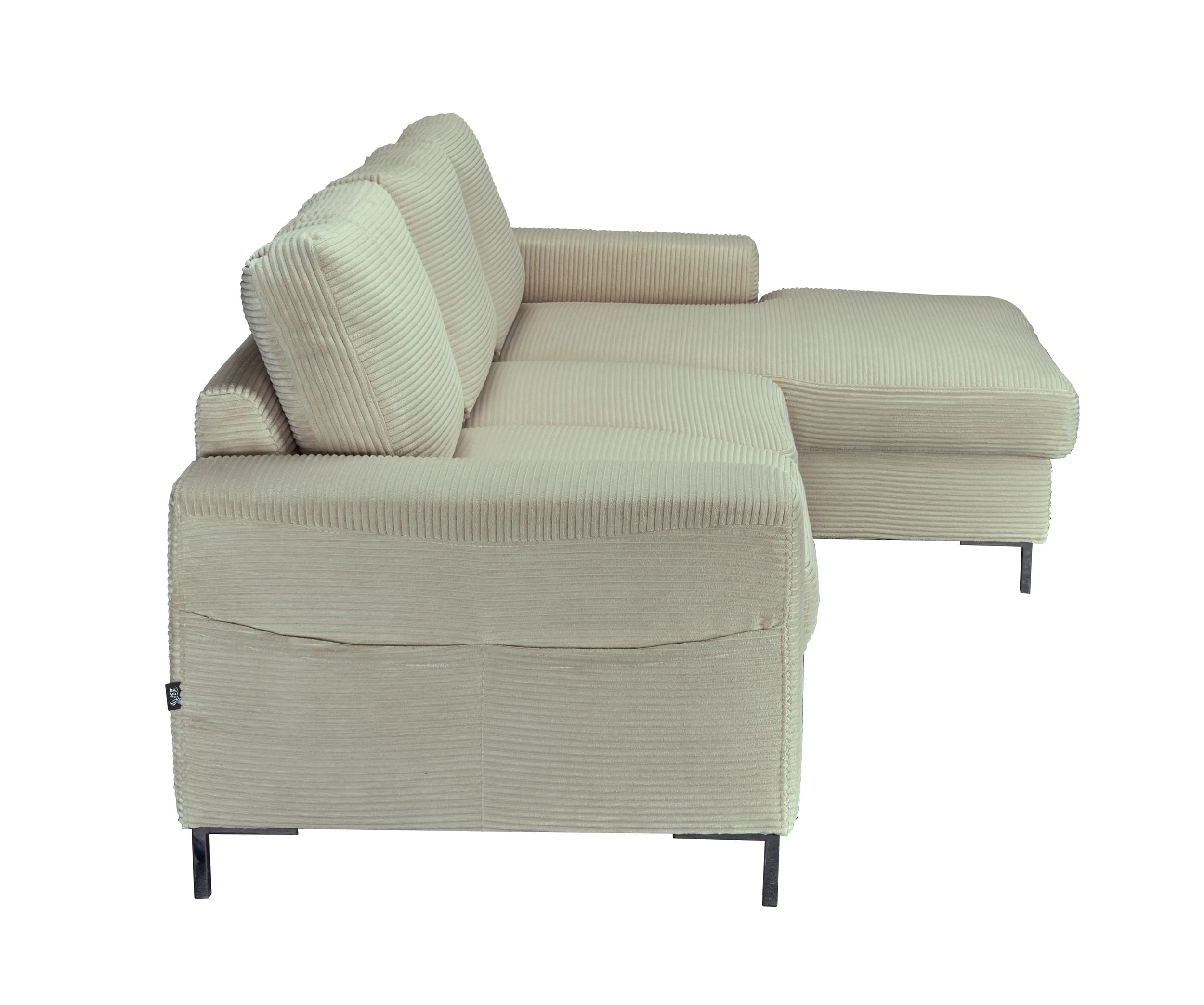 Ecksofa - 2-Sitzer mit Longchair rechts, Schlaffunktion mit Bettkasten, Stoff, Creme