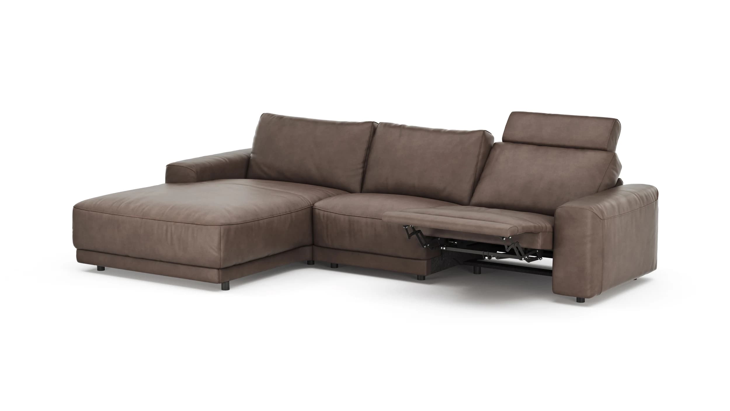 Ecksofa Balok - Longchair groß links mit 2,5-Sitzer, inkl. Relaxfunktion (motorisch) und Kopfstütze, Leder, Dunkelbraun