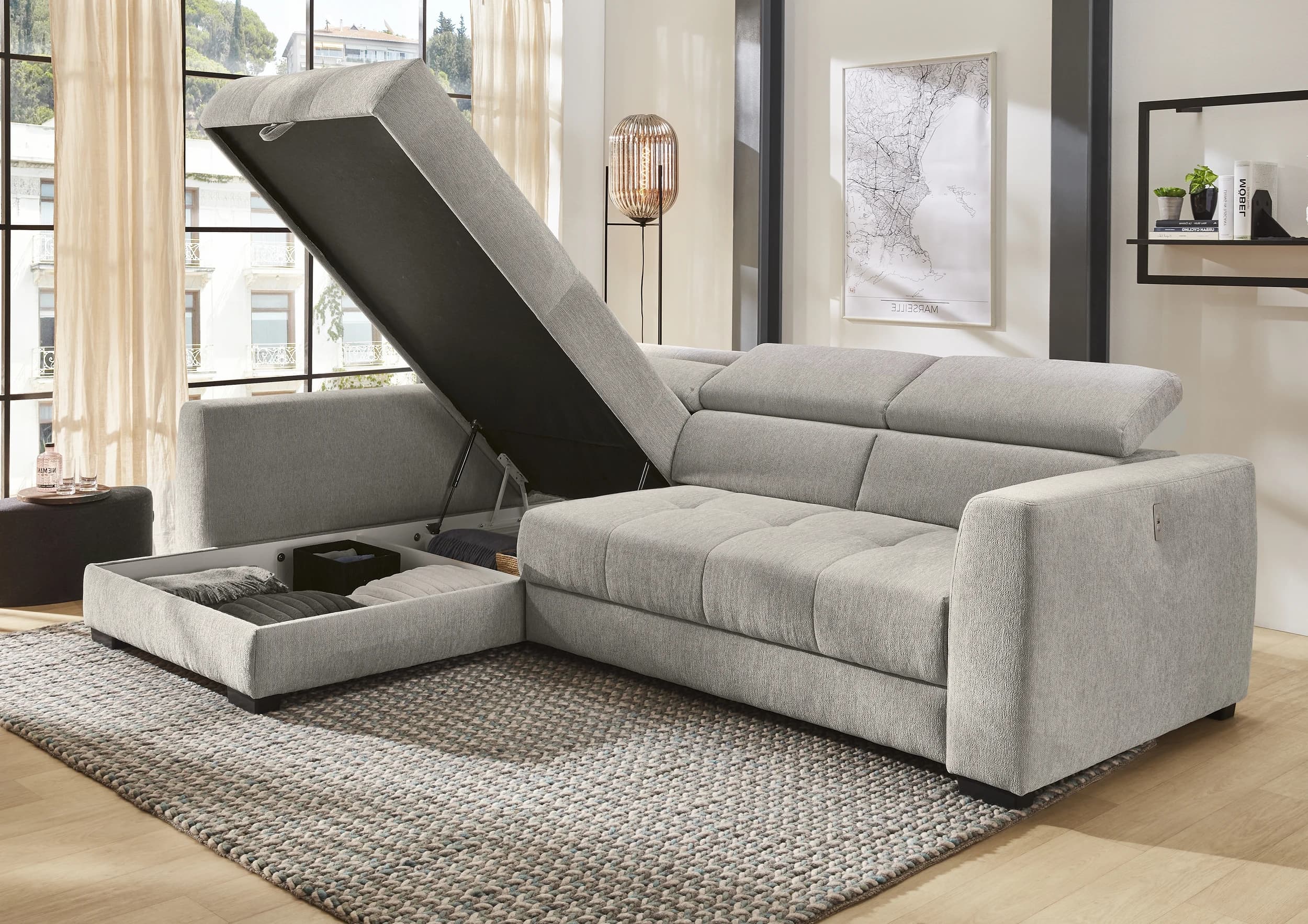 Ecksofa - 2-Sitzer, Ecke rechts, Stoff, Grau