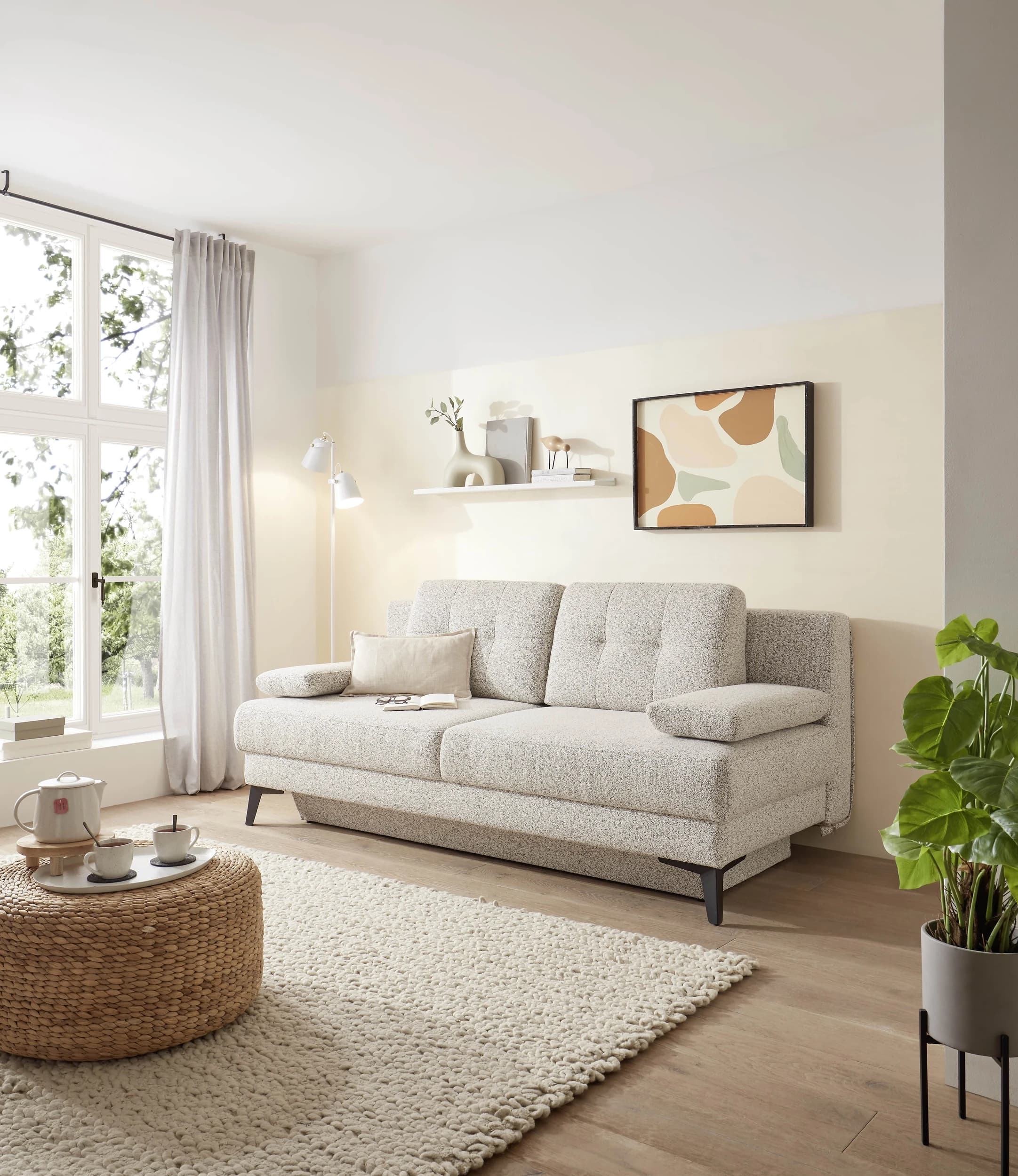 Schlafsofa EM Mons - mit Bettkasten, Stoff Beige