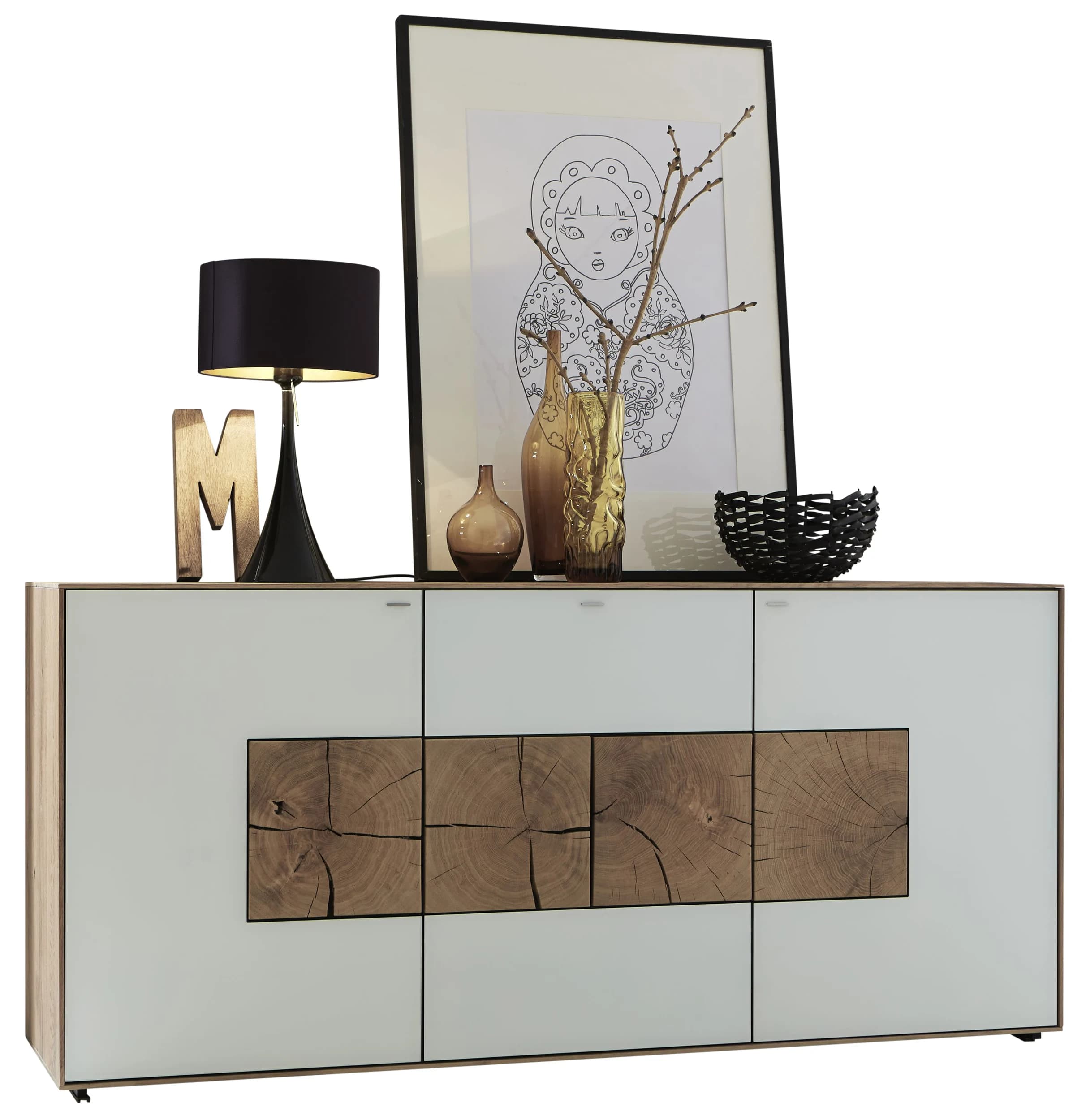 Sideboard - Kerneiche massiv, Mattglas, Weiß mit Hirnholzscheiben