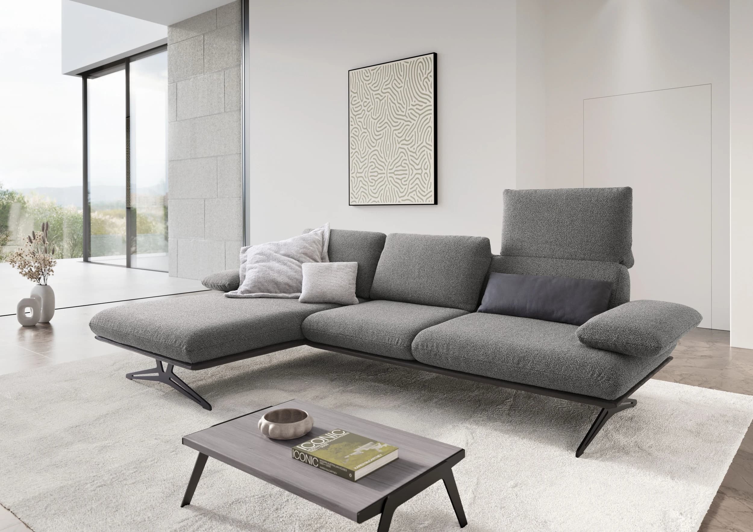 Ecksofa - Longchair links mit 2,5-Sitzer, Rückenlehne/Armlehne verstellbar, Stoff, Grau