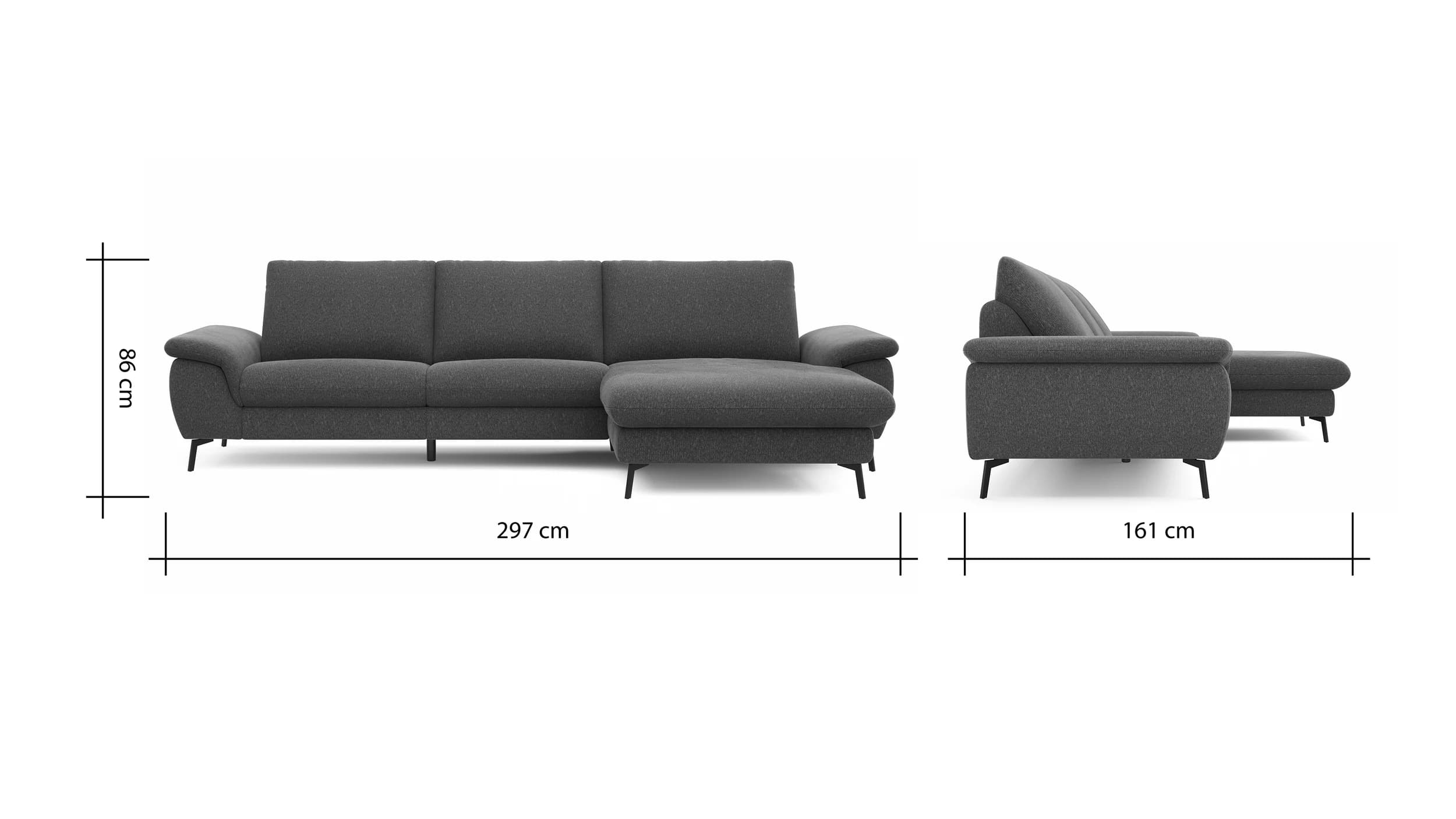 Ecksofa Gotera - 1,5-Sitzer med. + 1,5-Sitzer med. mit Longchair rechts inkl. Rückenlehne verstellbar, Stoff, Anthrazit